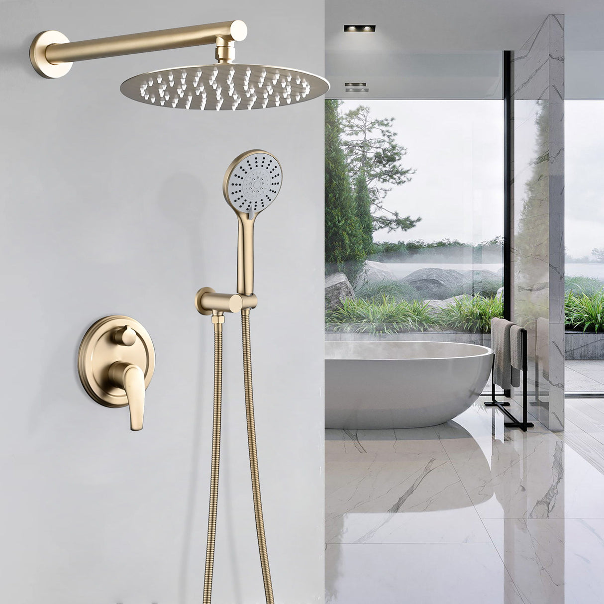 Wall Mounted Shower Set With High Pressure 10" Rain Shower Head And 5 Function Handheld Shower Head