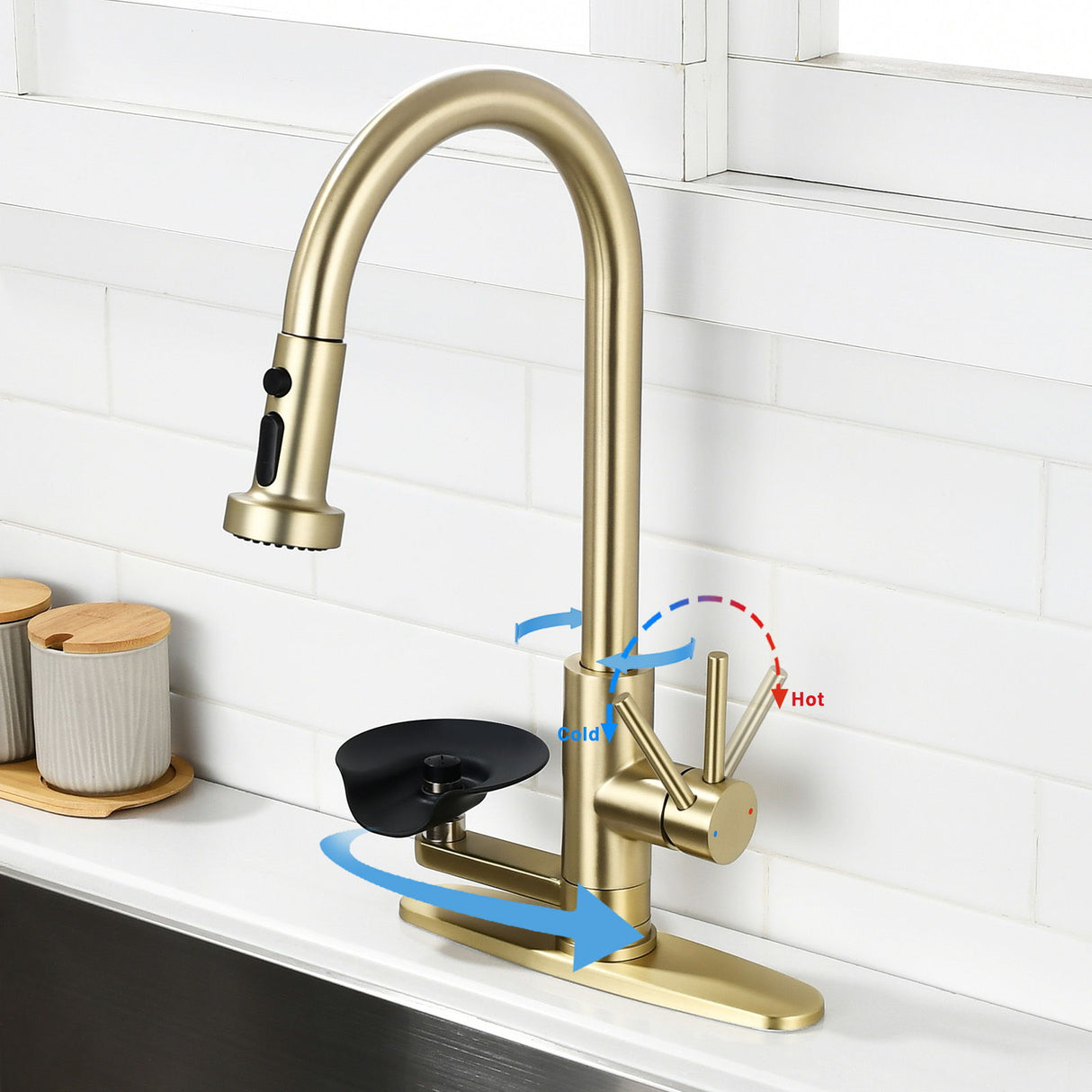 3 In 1 Kitchen Faucet With Press Type Glass Rinser, High Arc Pull Down Sprayer