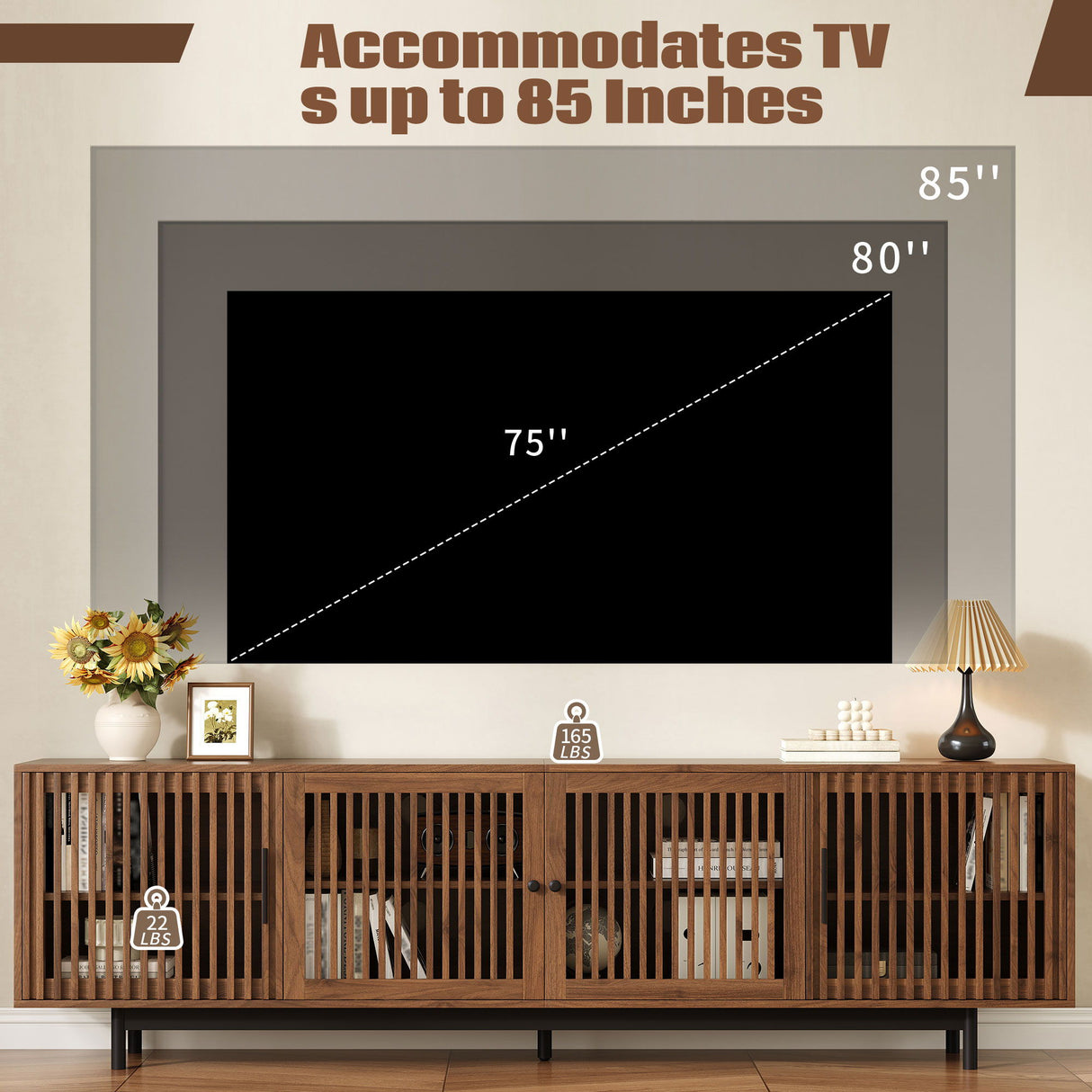 TV Stand For TVs, Entertainment Center With Closed Storage & Cable Management, Soft Closing Hinges - Walnut