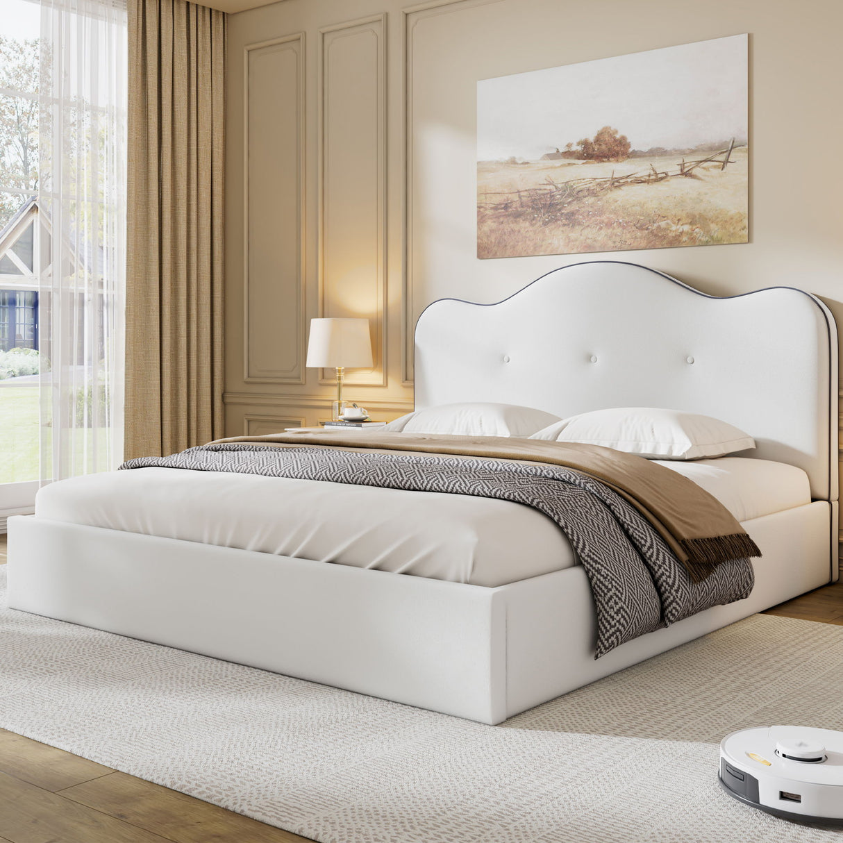 Upholstered Platform Bed With Sturdy Frame And Headboard