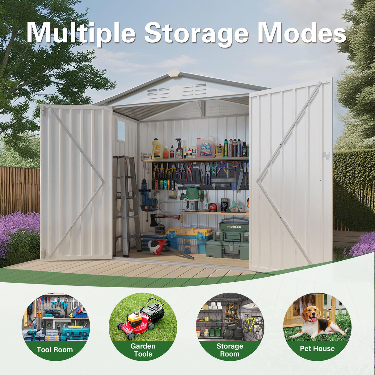 Garden Tool Shed Storage Building Waterproof Peaked Roof Metal White Gray