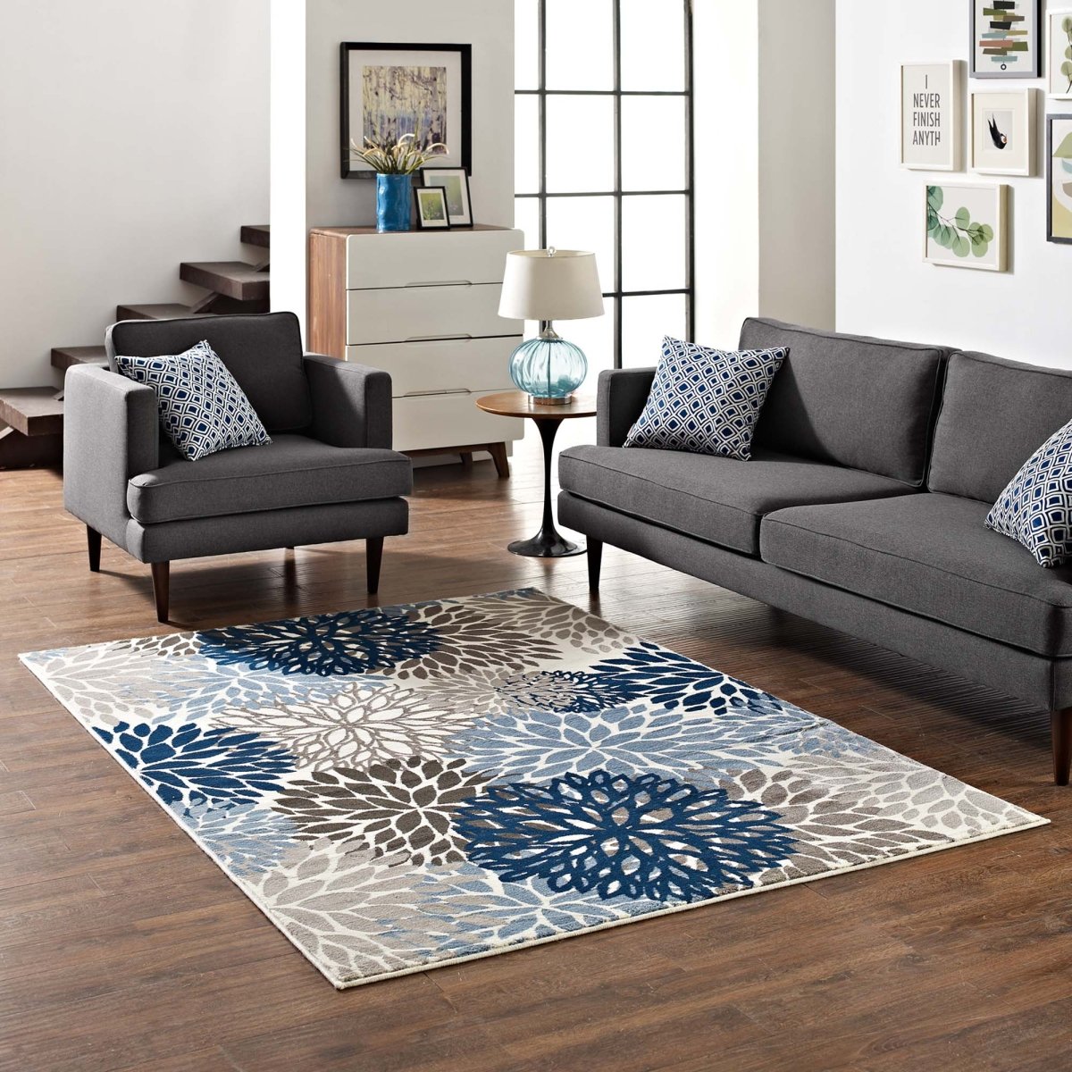 4x6 Blue Brown Beige Vintage Abstract Floral Polypropylene Area Rug - Mats and Rugs - Alpine Outlets