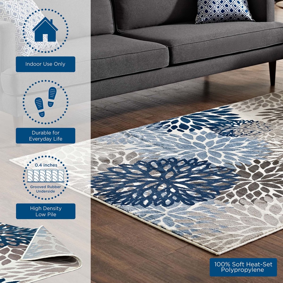 4x6 Blue Brown Beige Vintage Abstract Floral Polypropylene Area Rug - Mats and Rugs - Alpine Outlets