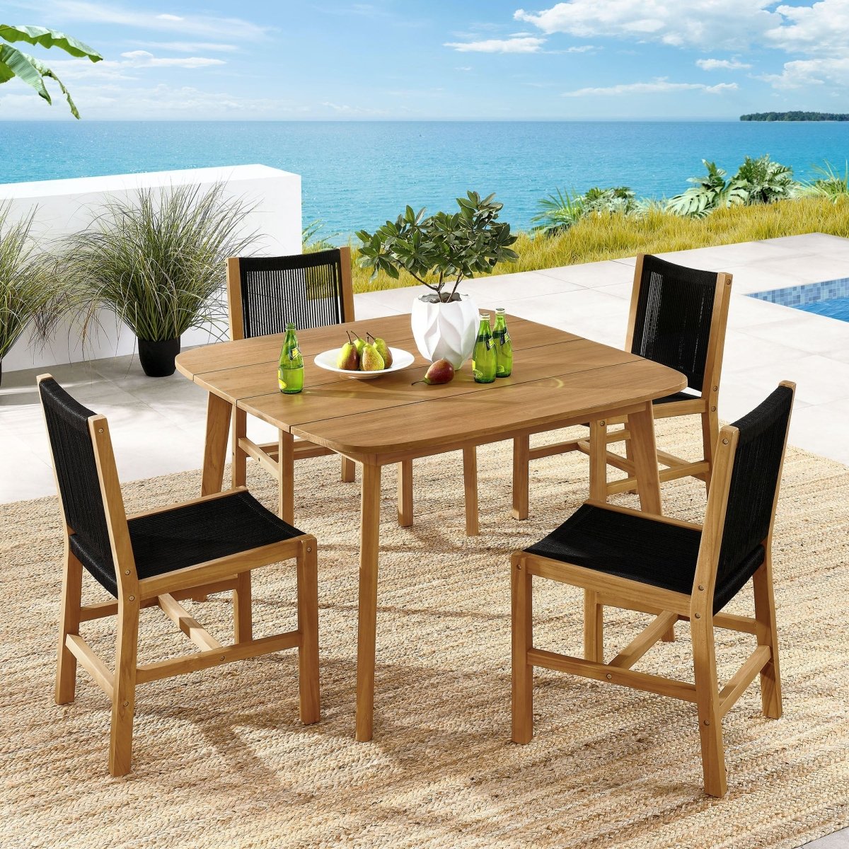 5-Piece Outdoor Teak and Rope Dining Set with Armless Chairs – Natural and Black - Outdoor - Alpine Outlets