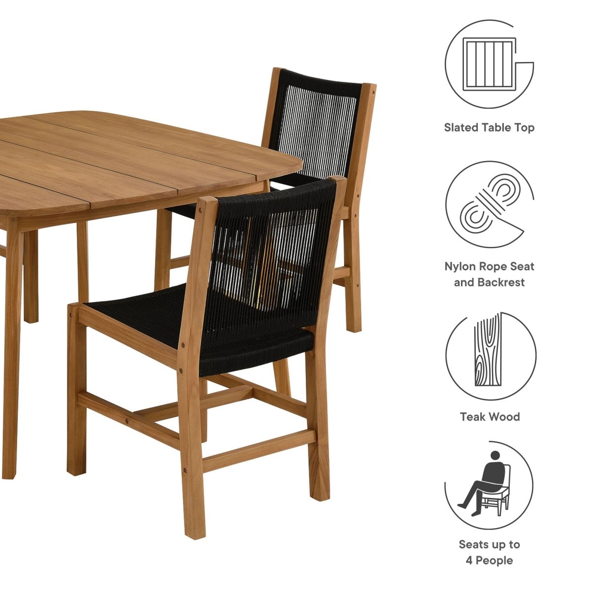 5-Piece Outdoor Teak and Rope Dining Set with Armless Chairs – Natural and Black - Outdoor - Alpine Outlets
