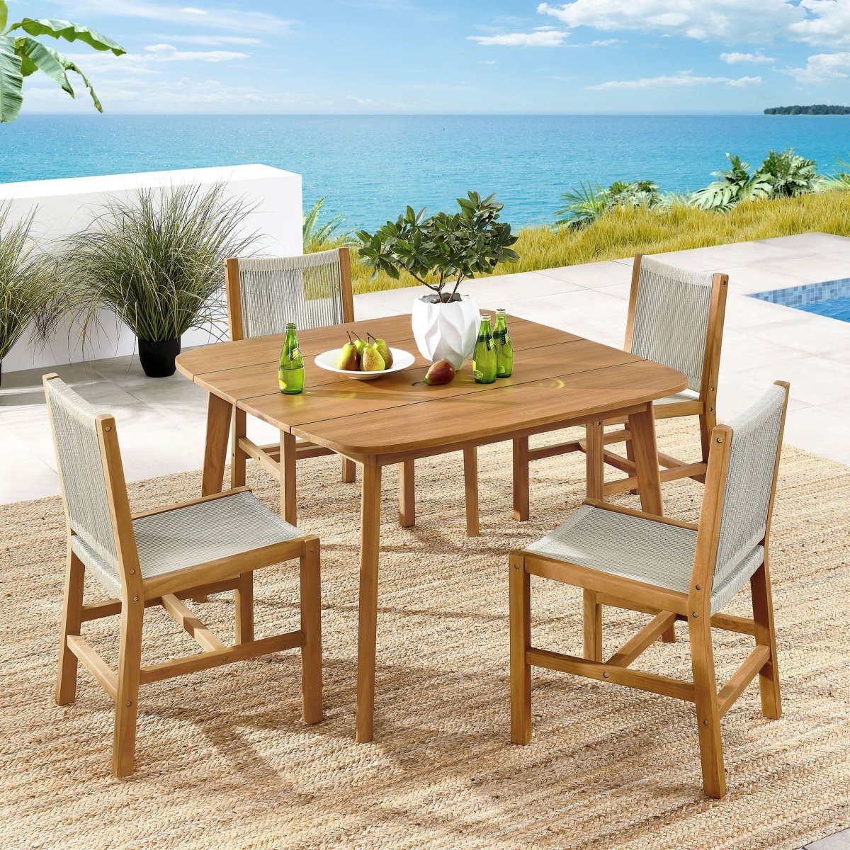 5-Piece Outdoor Teak and Rope Dining Set with Armless Chairs – Natural Finish - Outdoor - Alpine Outlets