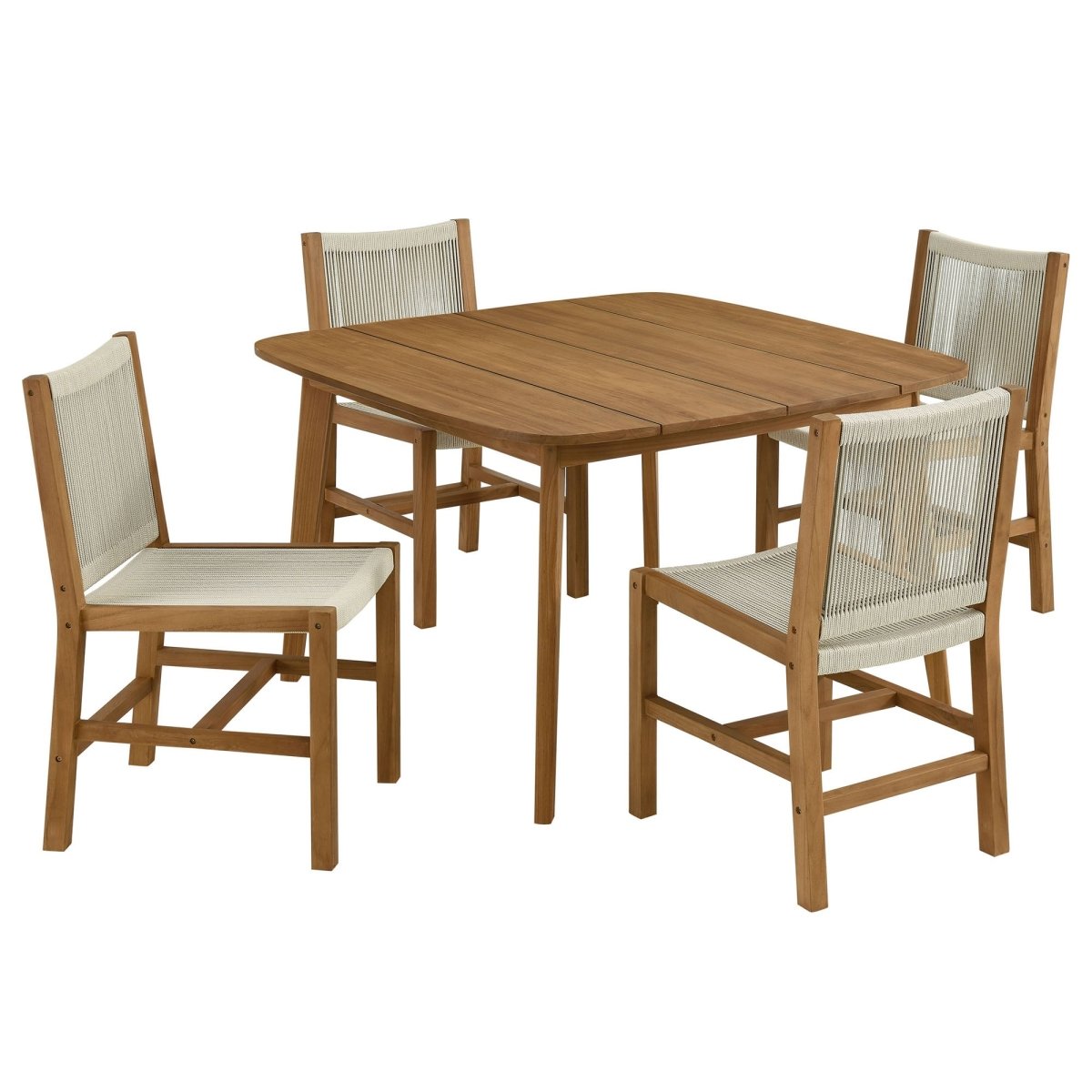 5-Piece Outdoor Teak and Rope Dining Set with Armless Chairs – Natural Finish - Outdoor - Alpine Outlets