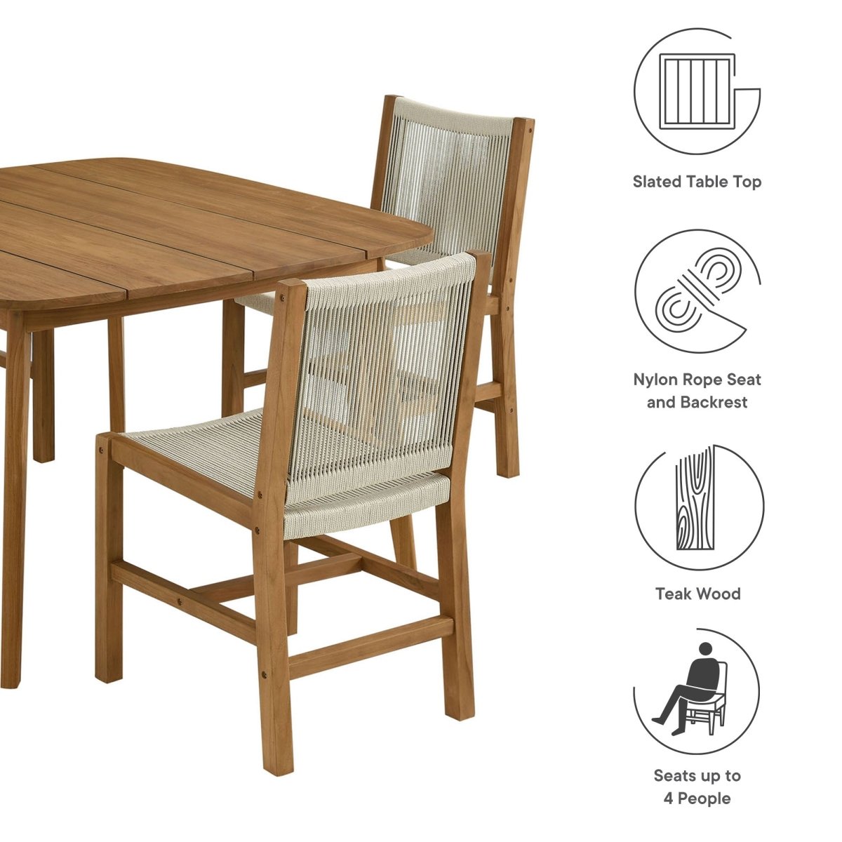 5-Piece Outdoor Teak and Rope Dining Set with Armless Chairs – Natural Finish - Outdoor - Alpine Outlets