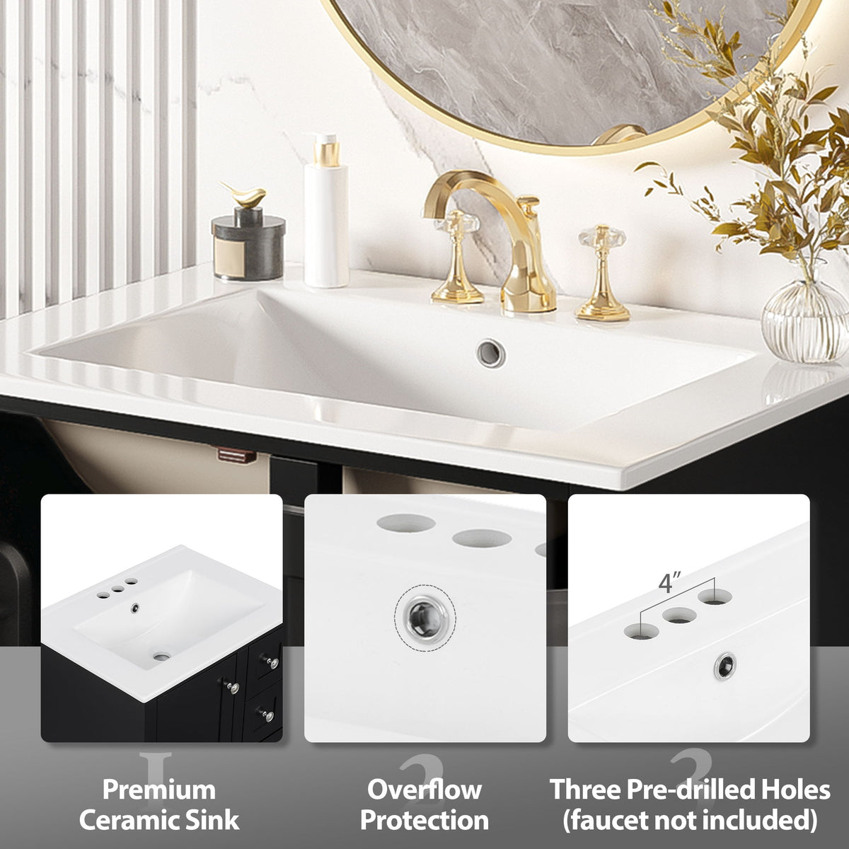 Bathroom Vanity With Integrated Basin, Soft Close Drawers, Door Mounted Double Layer Shelf