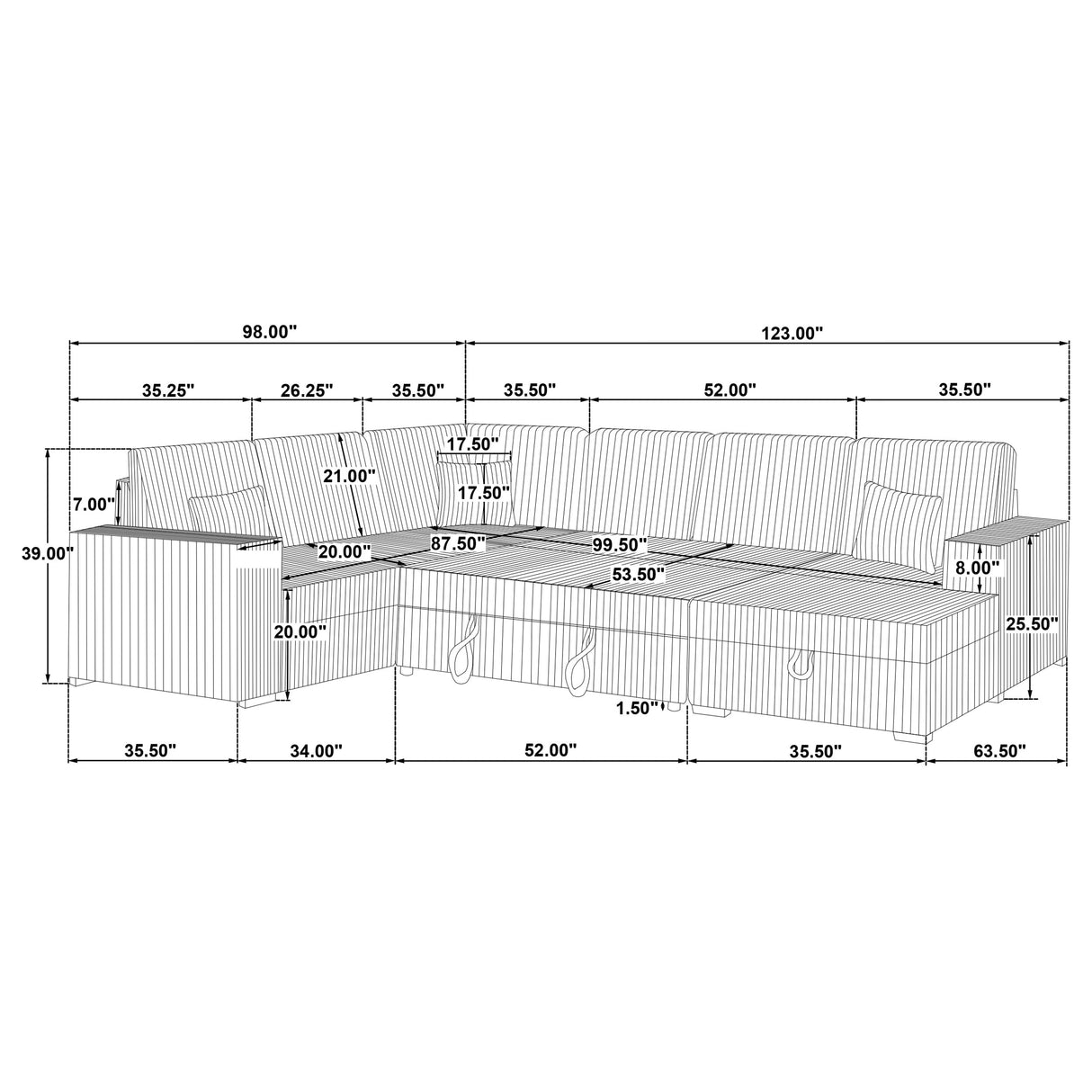 Devonshire Sleeper Sectional Sofa with Storage Chaise, Grey