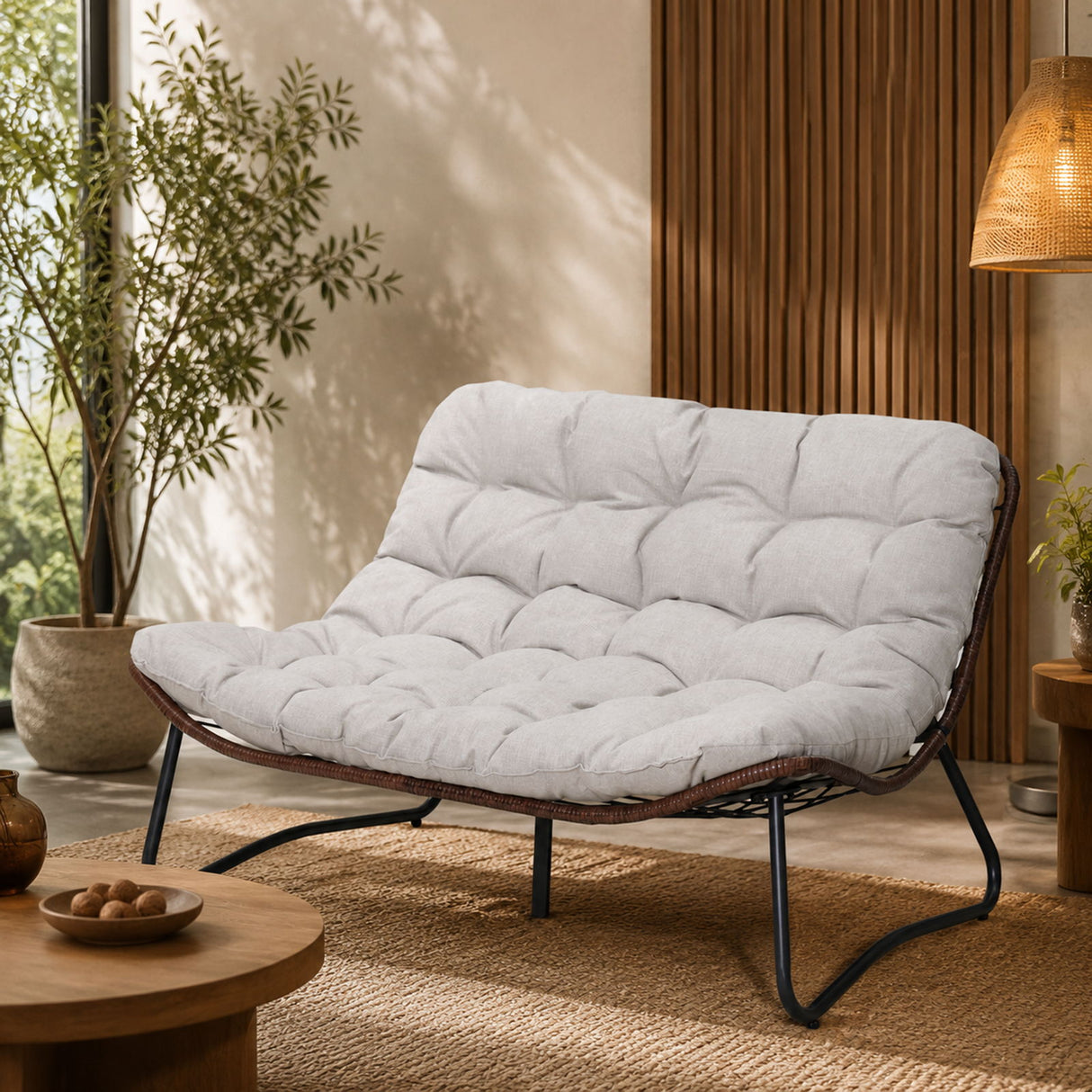 Patio Loveseat Sofa With Extra Thick Tufted Cushion - Brown