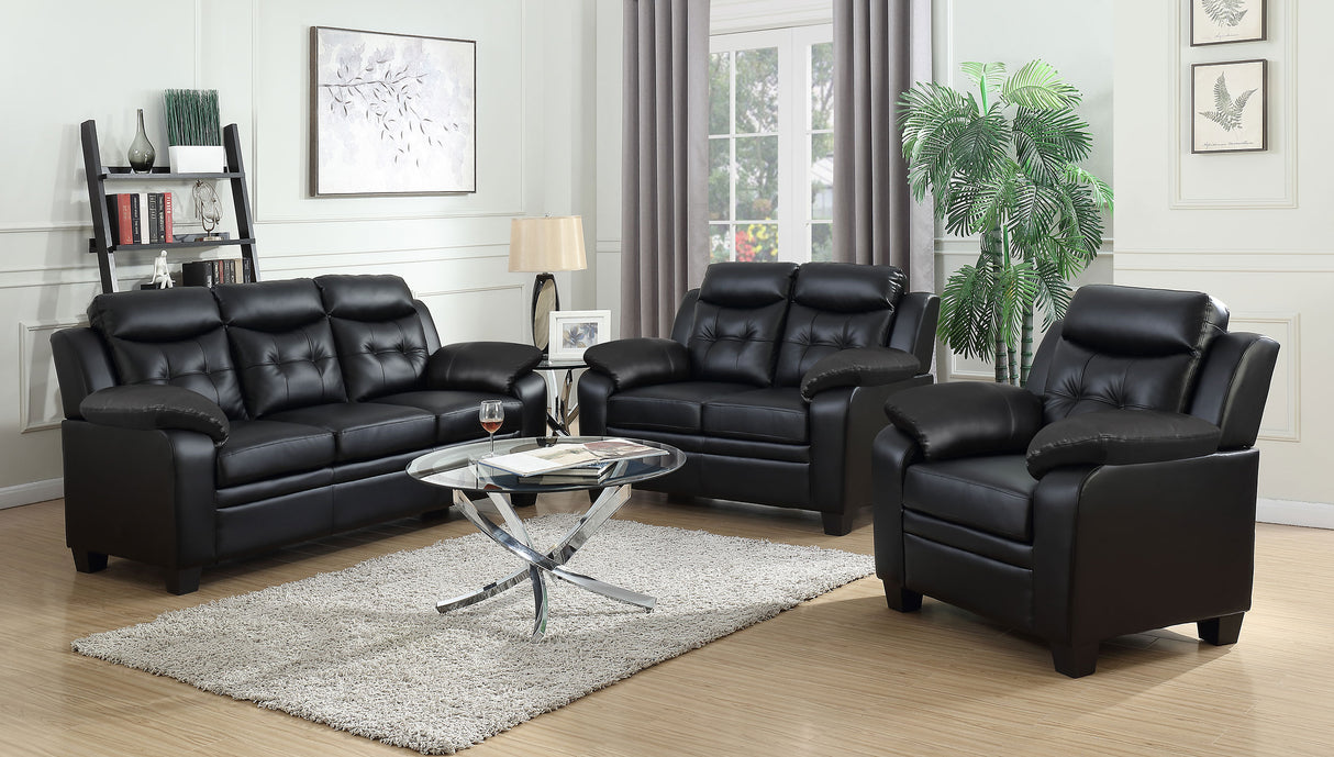 Finley Upholstered Tufted Sofa in Black Leatherette