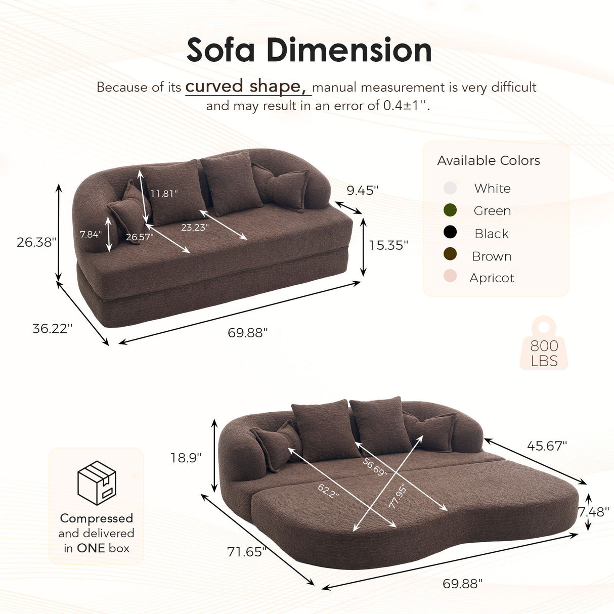 Foldable Sofa Bed, Boneless Couch Convertible Sleeper With 4 Pillows