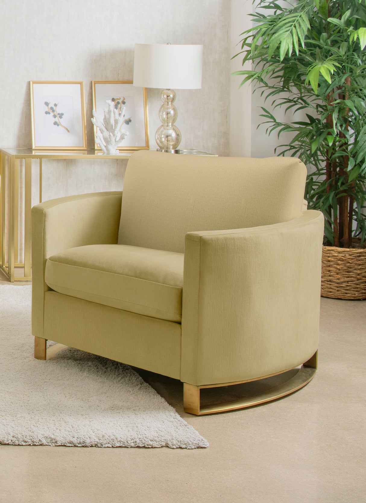 Corliss Upholstered Curved Track Arm Chair in Camel