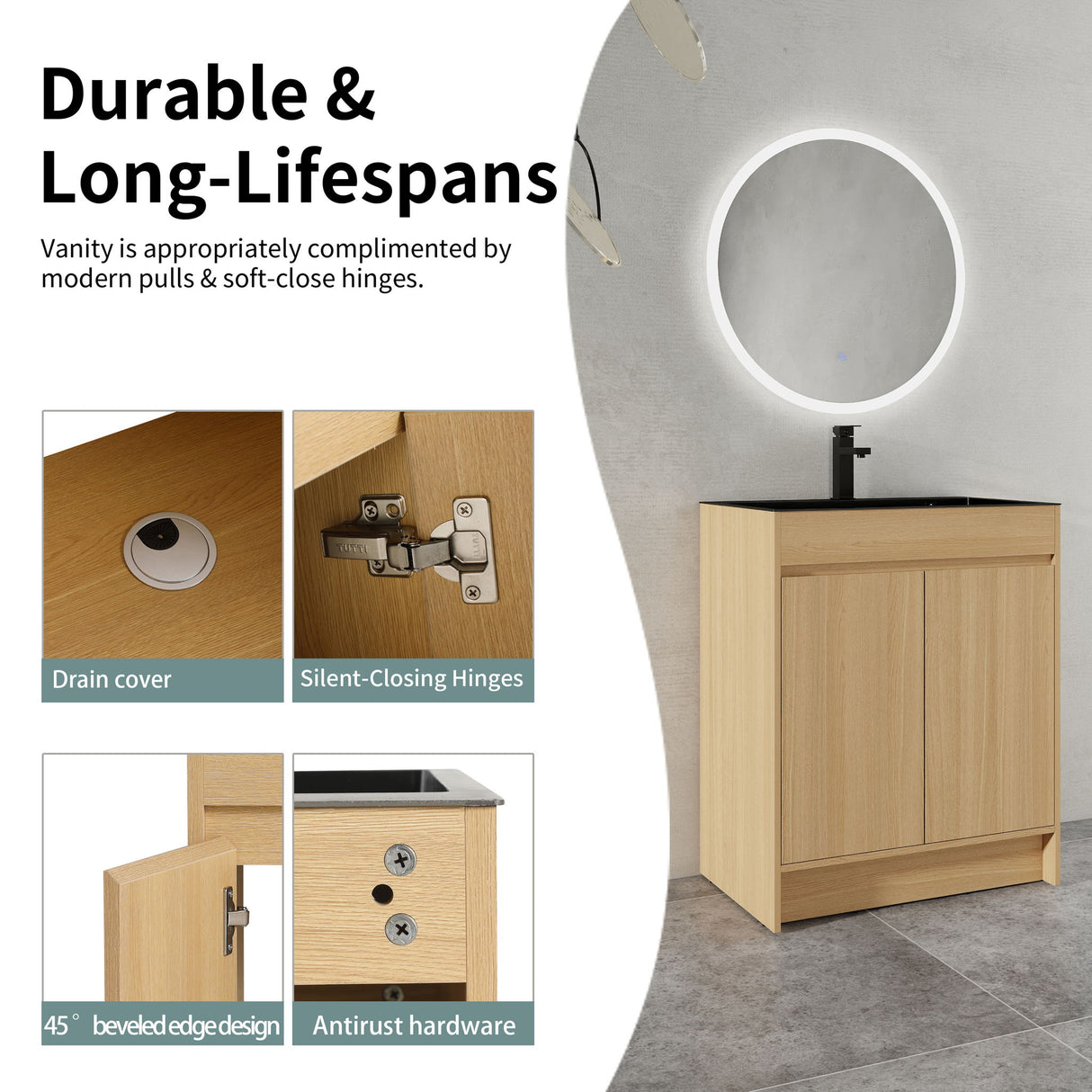 28" Freestanding Bathroom Vanity With Sink, Soft Close Doors - Oak