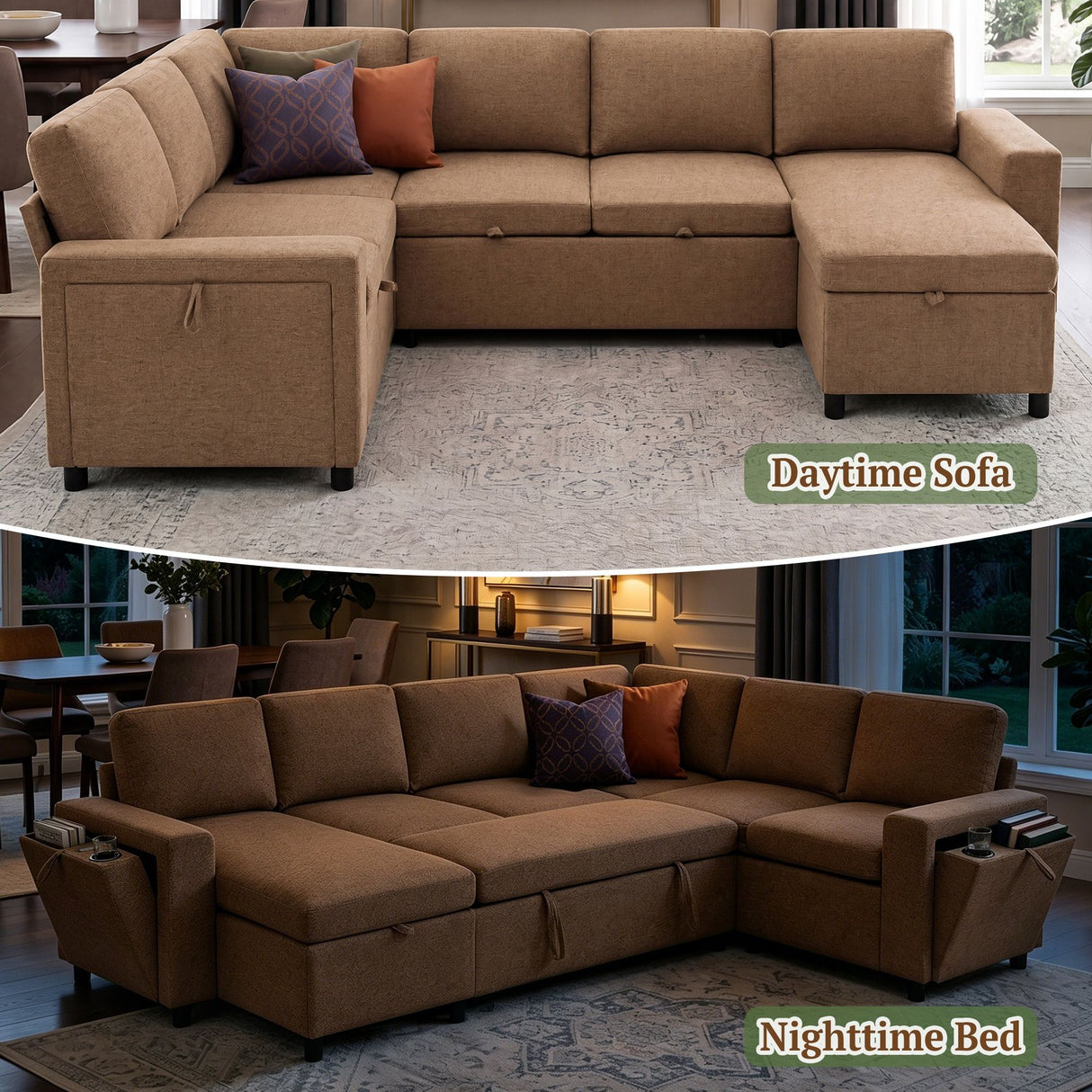 U - Shaped Convertible Sectional Sofa Bed With Storage, USB Charger & Cup Holders