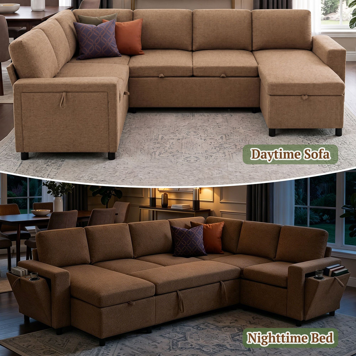 U - Shaped Convertible Sectional Sofa Bed With Storage, USB Charger & Cup Holders