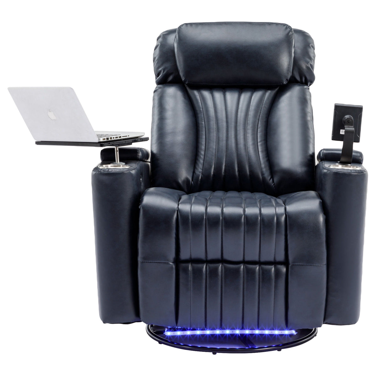 270° Power Swivel Recliner Home Theater Chair With Hidden Arm Storage, LED Light, Cup Holder, And Tray Table