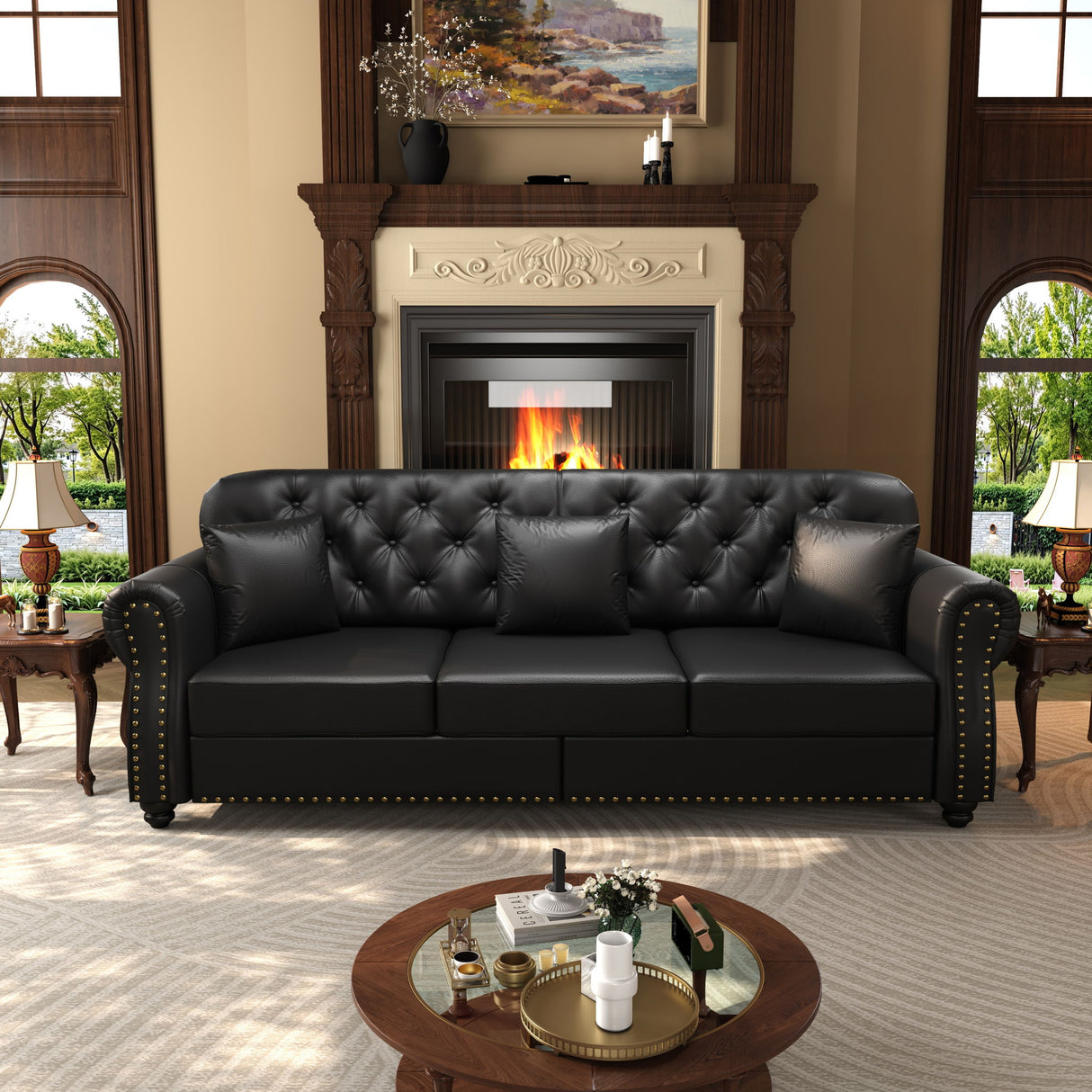 Upholstered Sofa With Nailhead Trim, Rolled Armrests With Ottoman