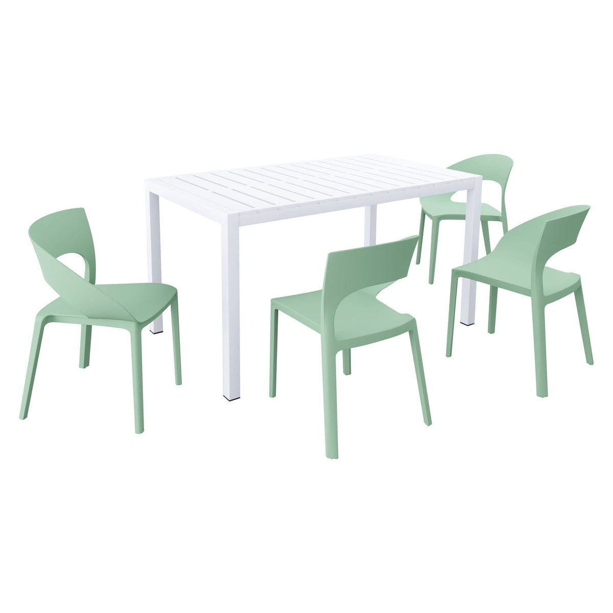 4 Piece Set Of Color Block Designed Single Chairs With Long Table - Haze Green / White