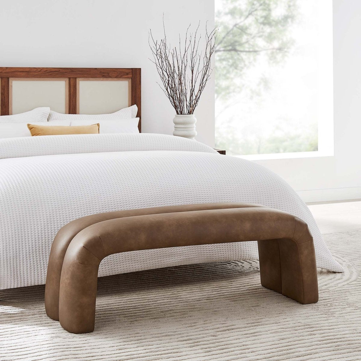 51 Inch Vegan Leather Upholstered Accent Bench with Rounded Corners and Channel Seam - Benches available at Alpine Outlets in Denver