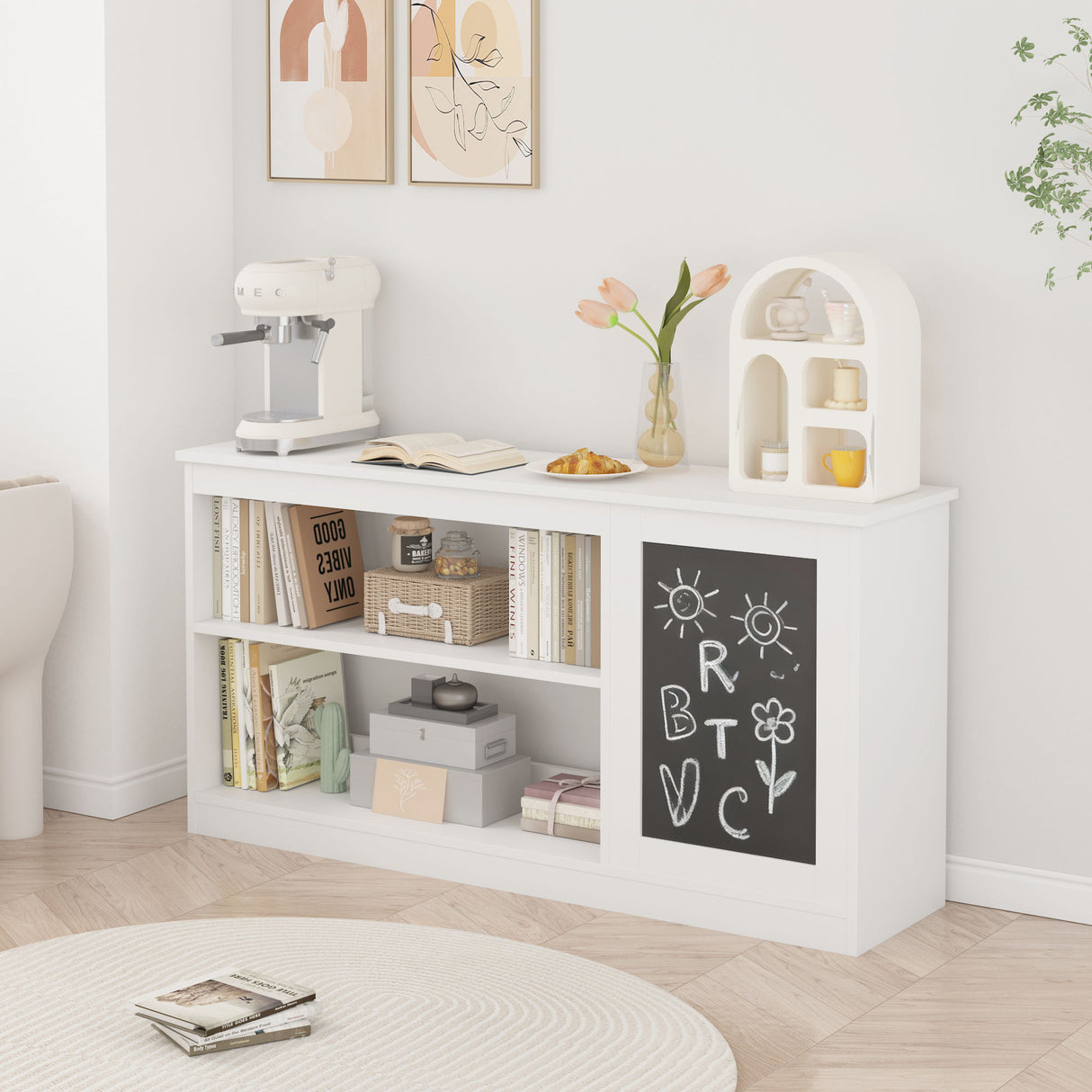 3 In 1 Bookshelf And Toy Storage Cabinet With Chalkboard, Organizer For Playroom Featuring And Spacious Storage - White