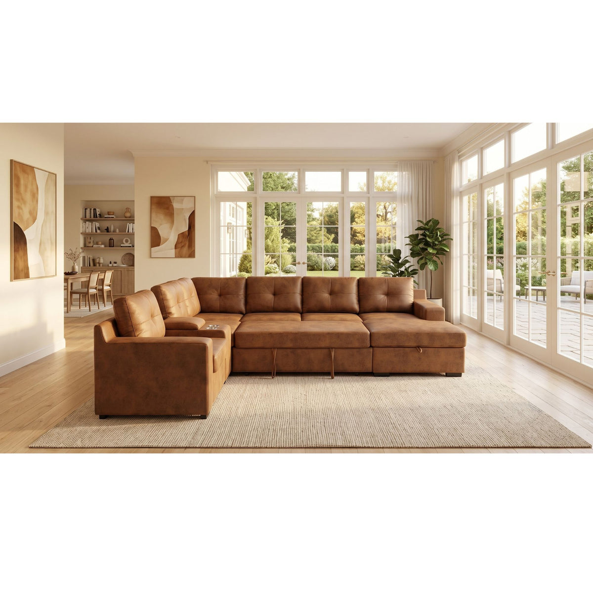 U - Shape Sectional Pull Out Bed With Console, Storage, And USB Charging