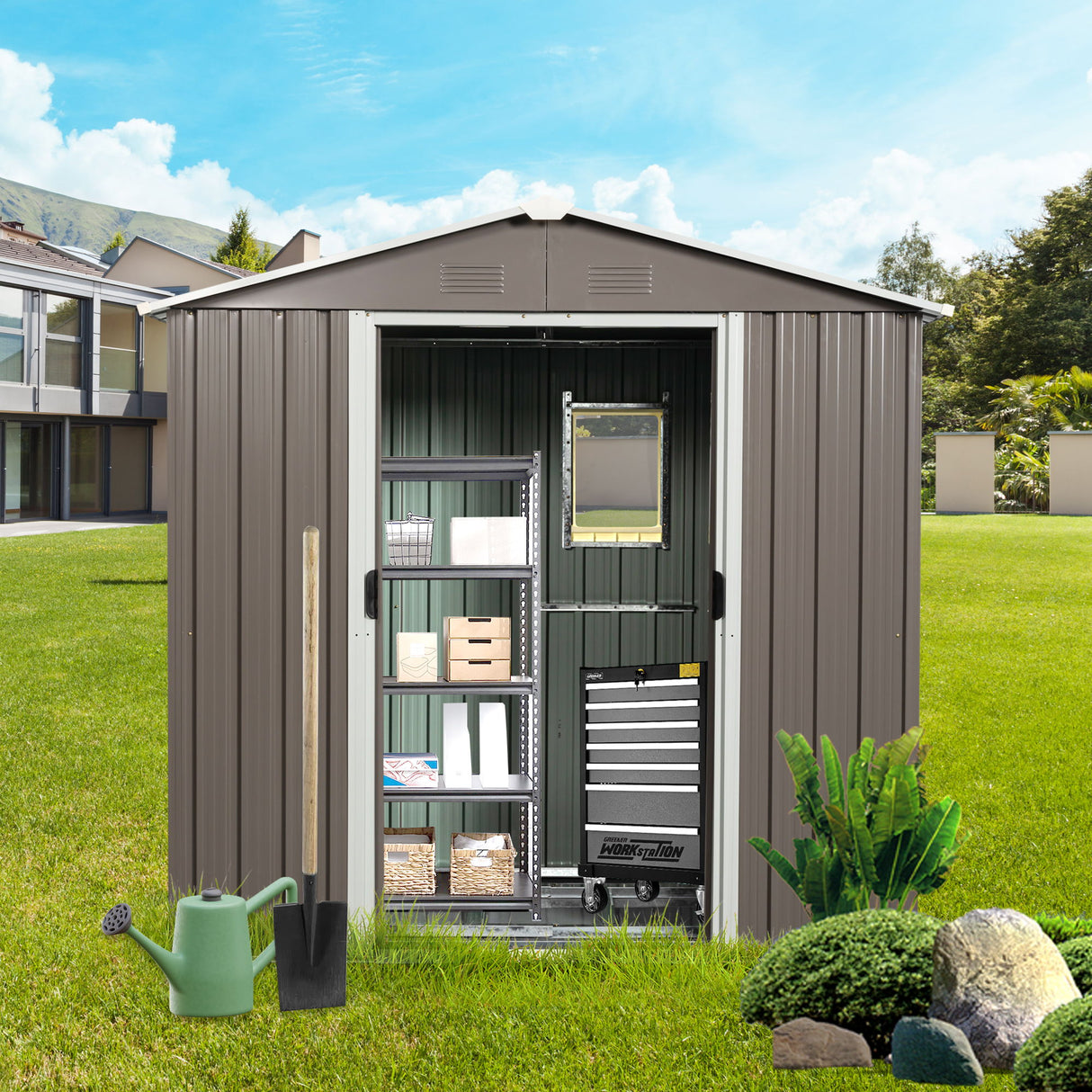 Outdoor Metal Storage Shed Garden Building Weather Resistant Steel 7.5x4ft