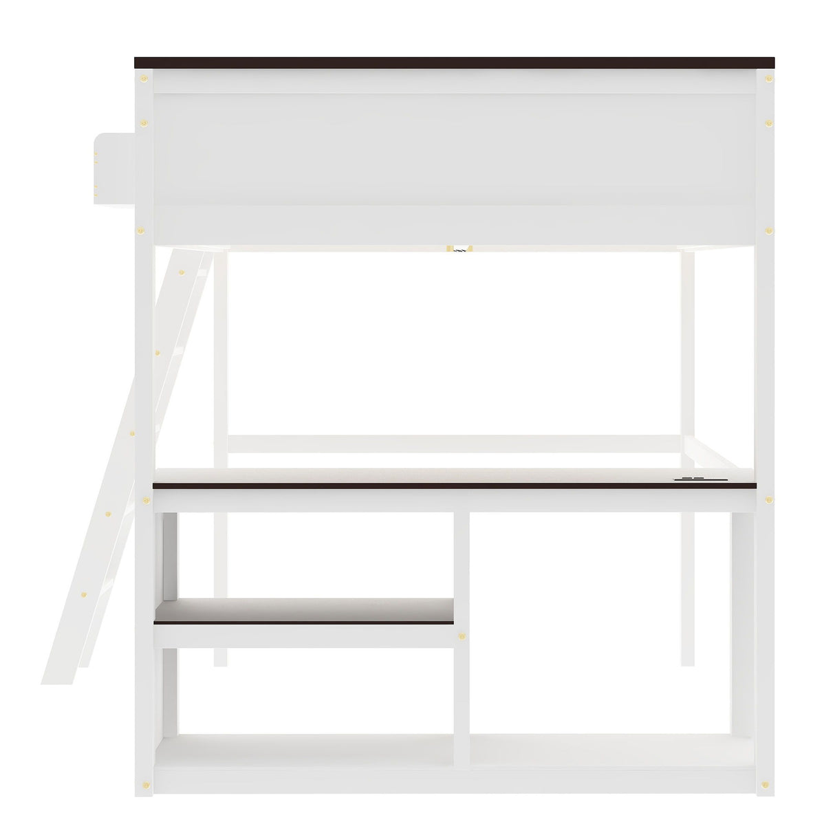 Queen Size Loft Bed With Desk, Open Shelf, Storage Box And USB Charging Station - White