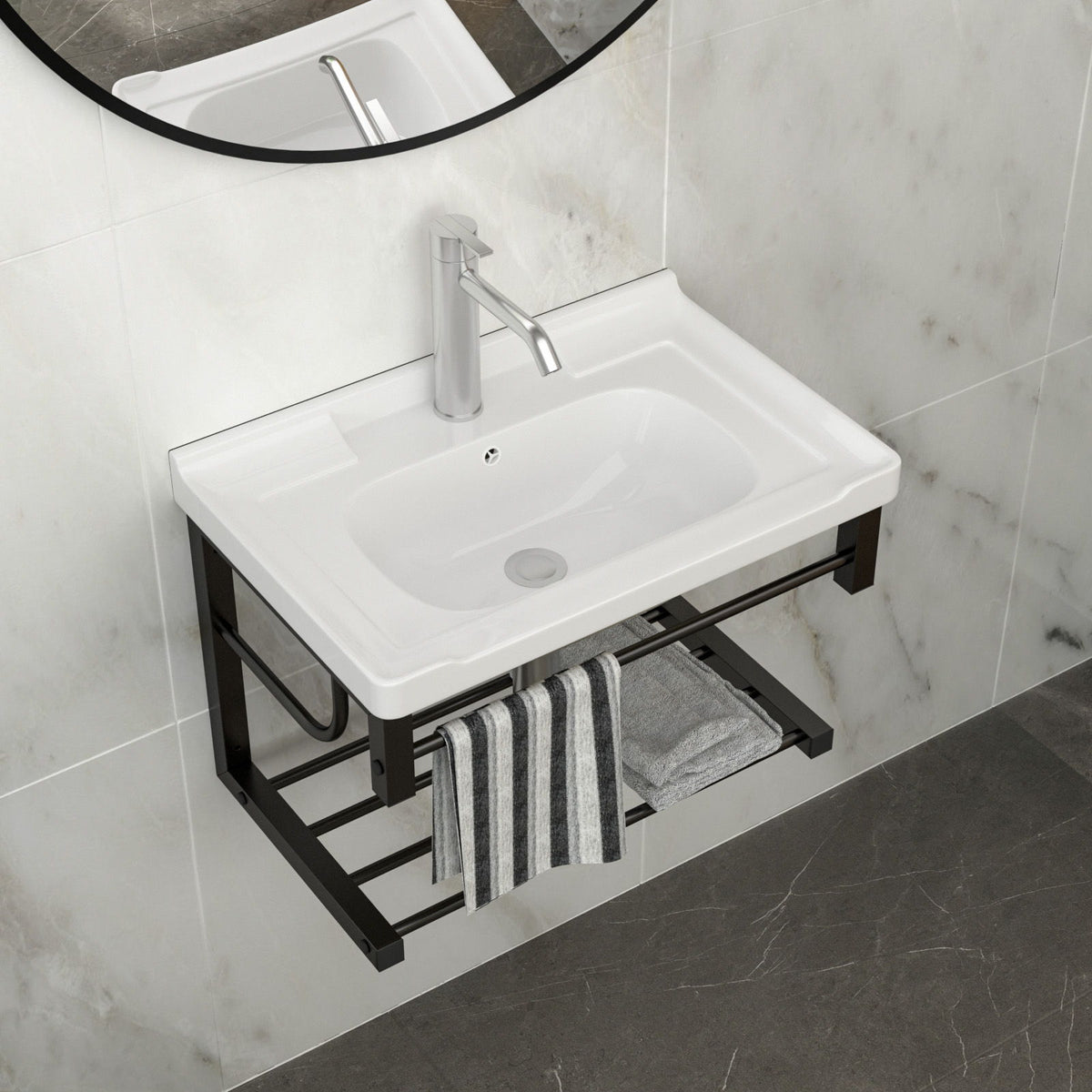Wall Mounted Rectangular Bathroom Sink With Towel Bar & Overflow - White