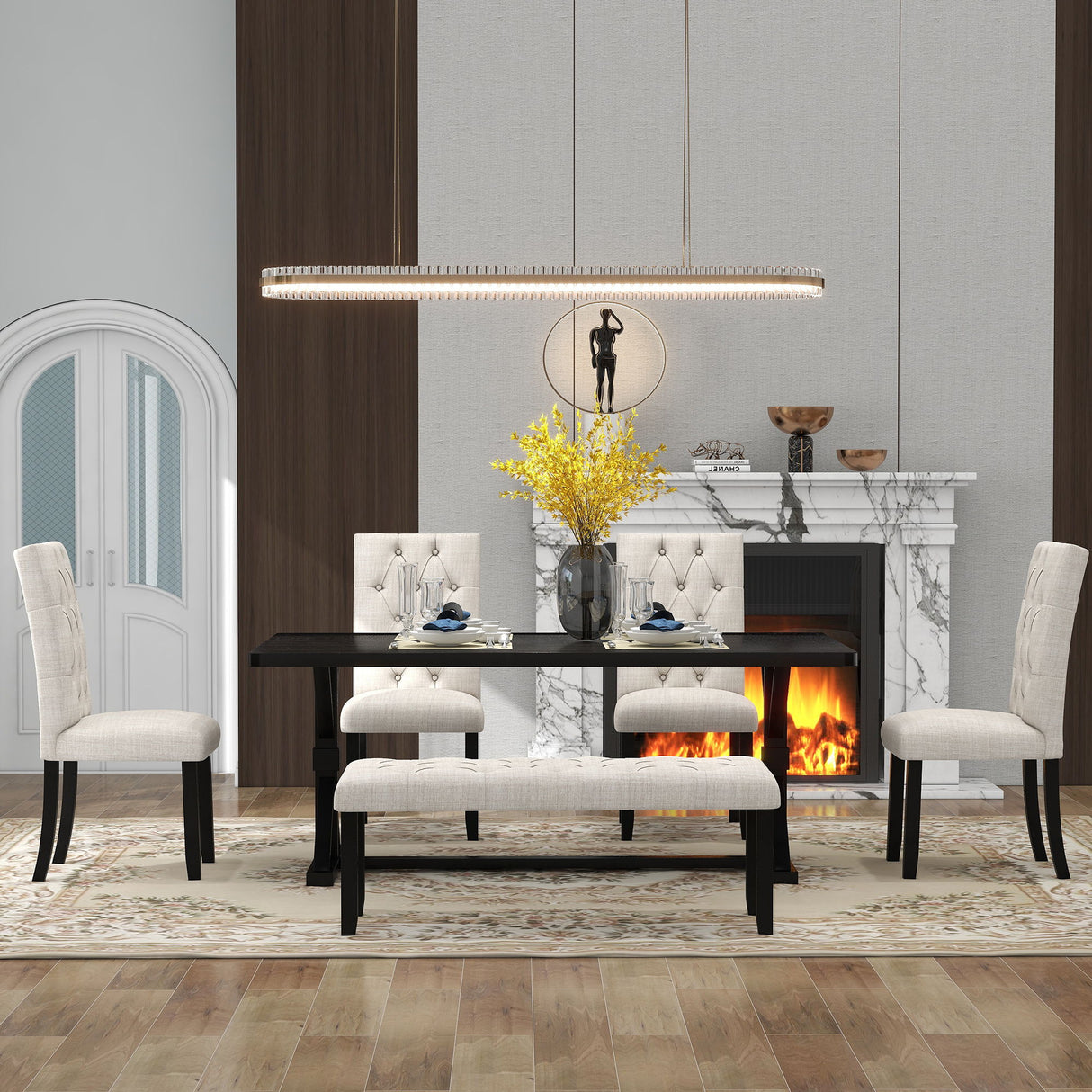6 Piece Dining Table Set With Rectangular Wood Table, 4 Upholstered Chairs, Bench