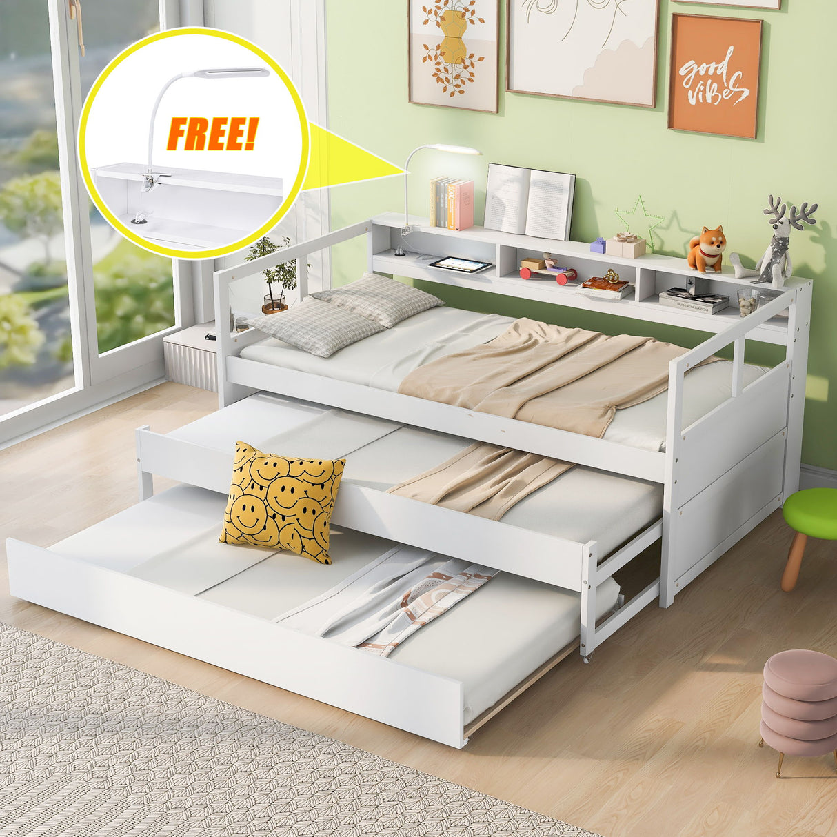 Daybed With 2 Trundles, 3 Storage Cubbies, Built In USB Charging Light