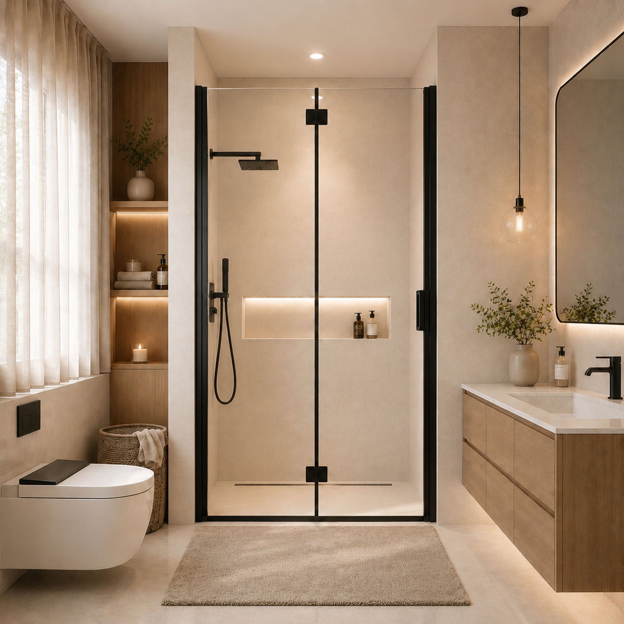 Semi Frameless Bifold Shower Door, Reversible Pivot Hinge, Space Saving Bathroom Panel - Matte Black