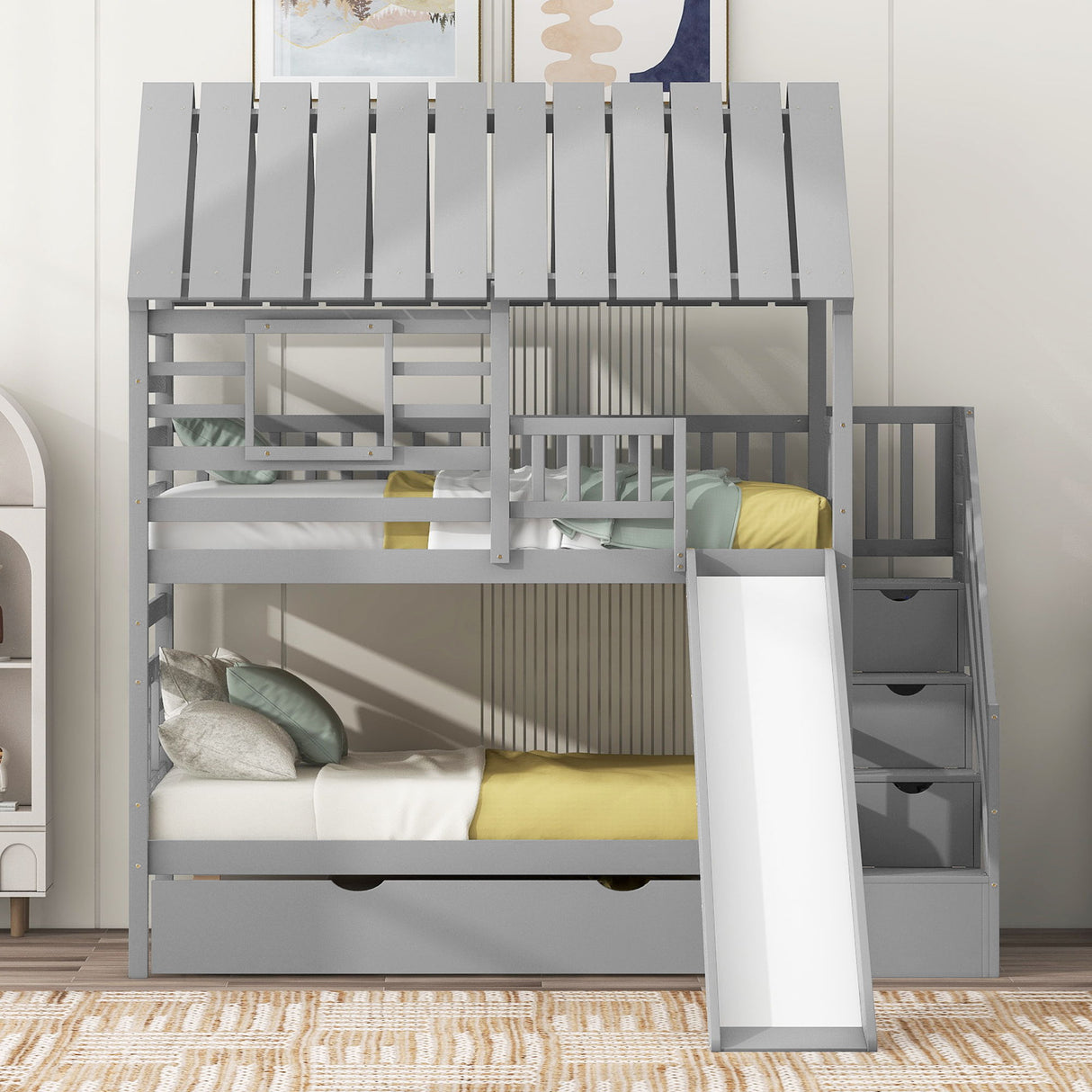 House Bunk Bed With Trundle, Storage Staircase, Roof And Window Design