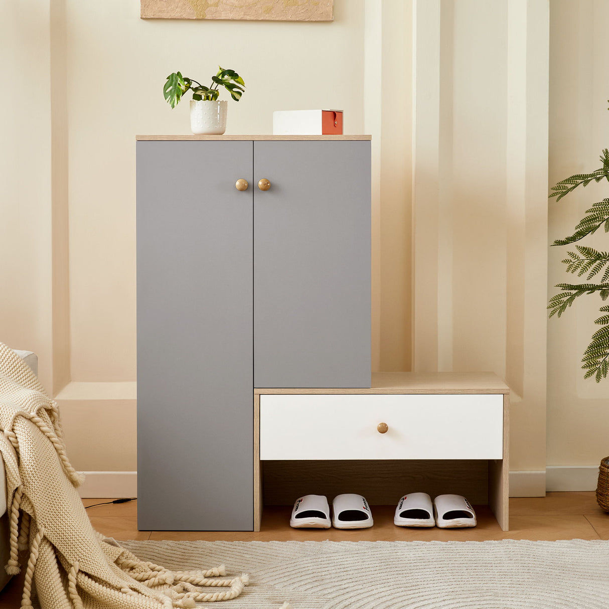 Modern Multi Functional Shoe Storage Bench & Cabinets With Adjustable Shelves - Gray / Natural Wood / White