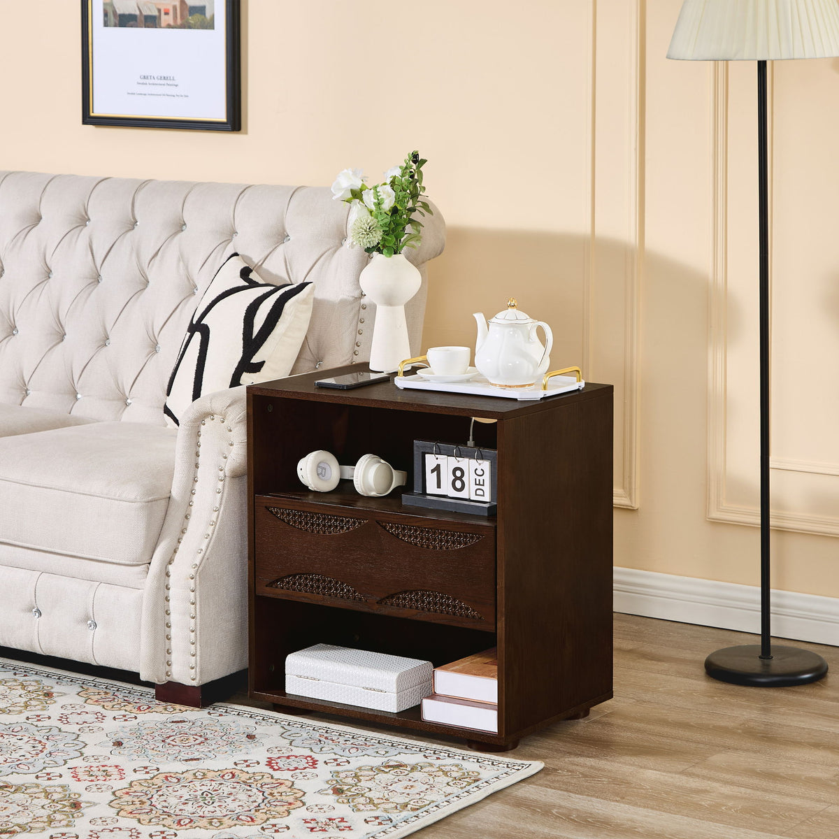 Nightstand With USB Ports & Outlet Hole, End Table With Drawer