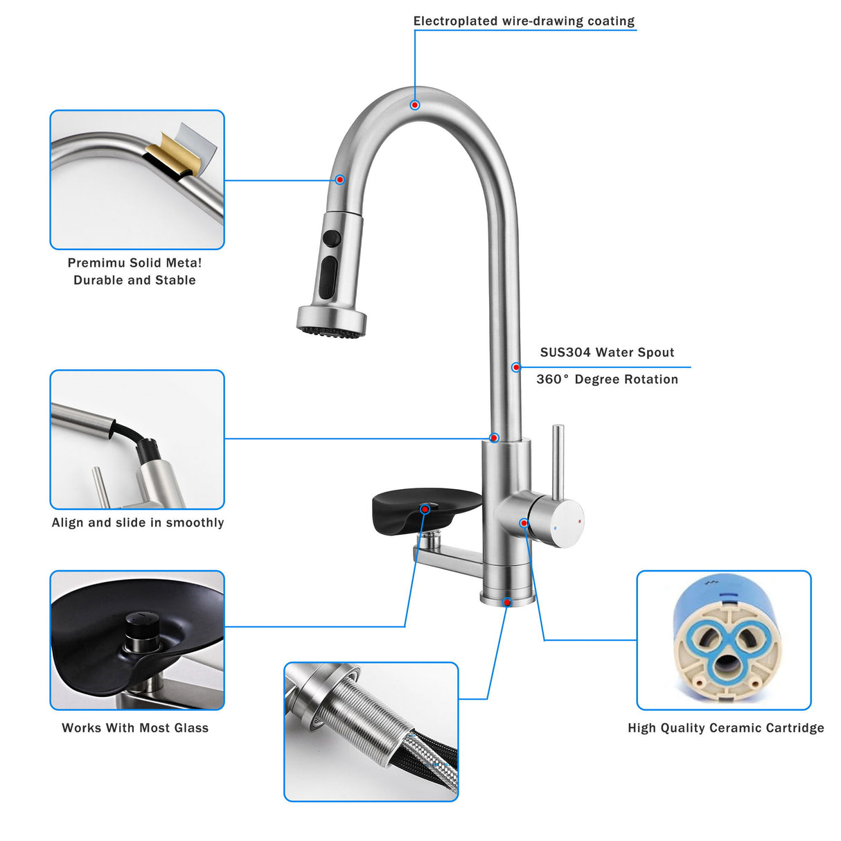 3 In 1 Kitchen Faucet With Press Type Glass Rinser, High Arc Pull Down Sprayer