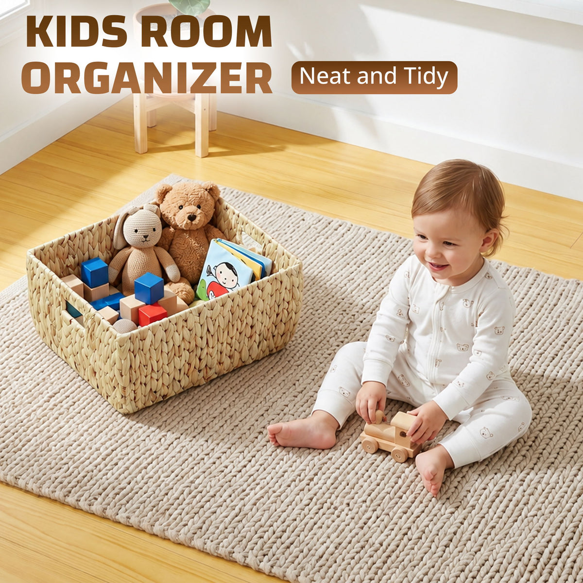 Storage Basket With Handles, Organizer Bin For Shelves Or Living Room - Light Brown