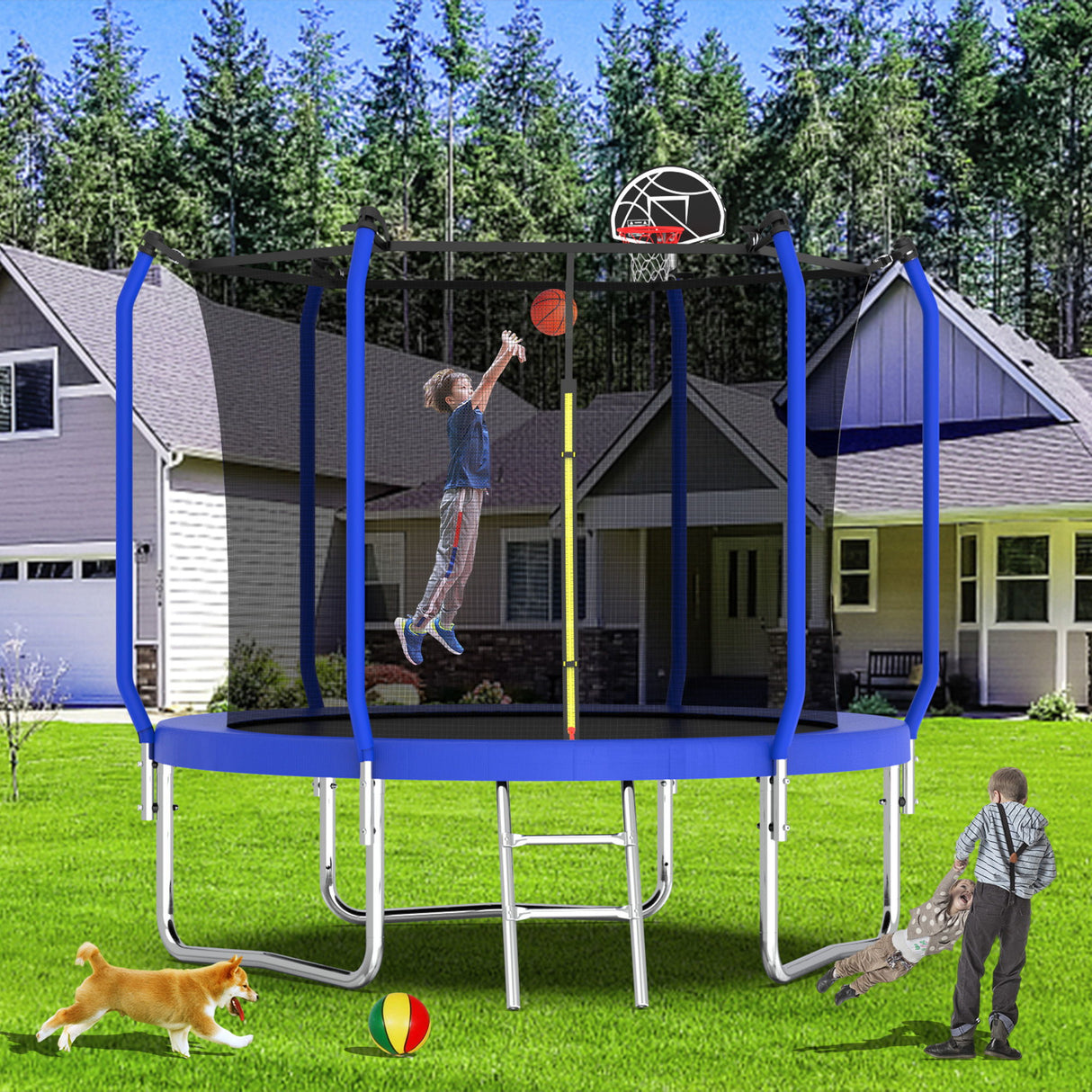 Trampoline With Basketball Hoop, Astm Approved Reinforced Type Outdoor Trampoline With Enclosure Net - Trampolines - Alpine Outlets
