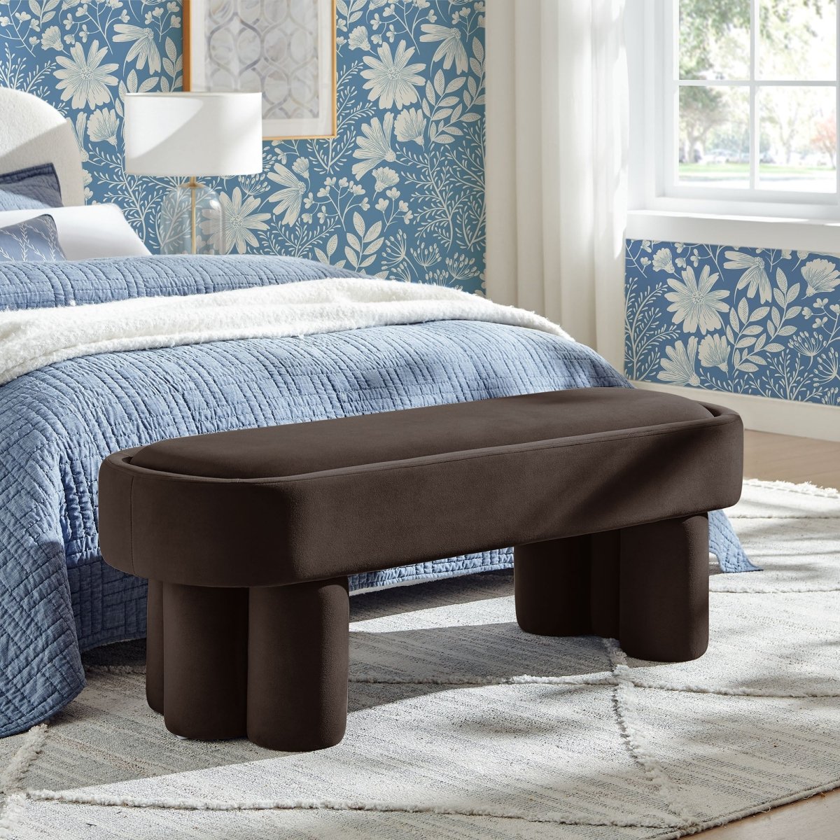 52 Inch Oval Performance Velvet Accent Bench with Sculptural Clover - Base Legs - Benches available at Alpine Outlets in Denver