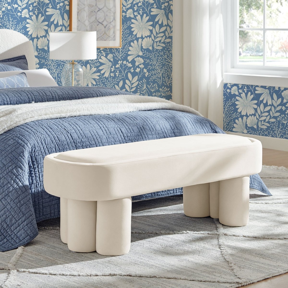 52 Inch Oval Performance Velvet Accent Bench with Sculptural Clover - Base Legs - Benches available at Alpine Outlets in Denver