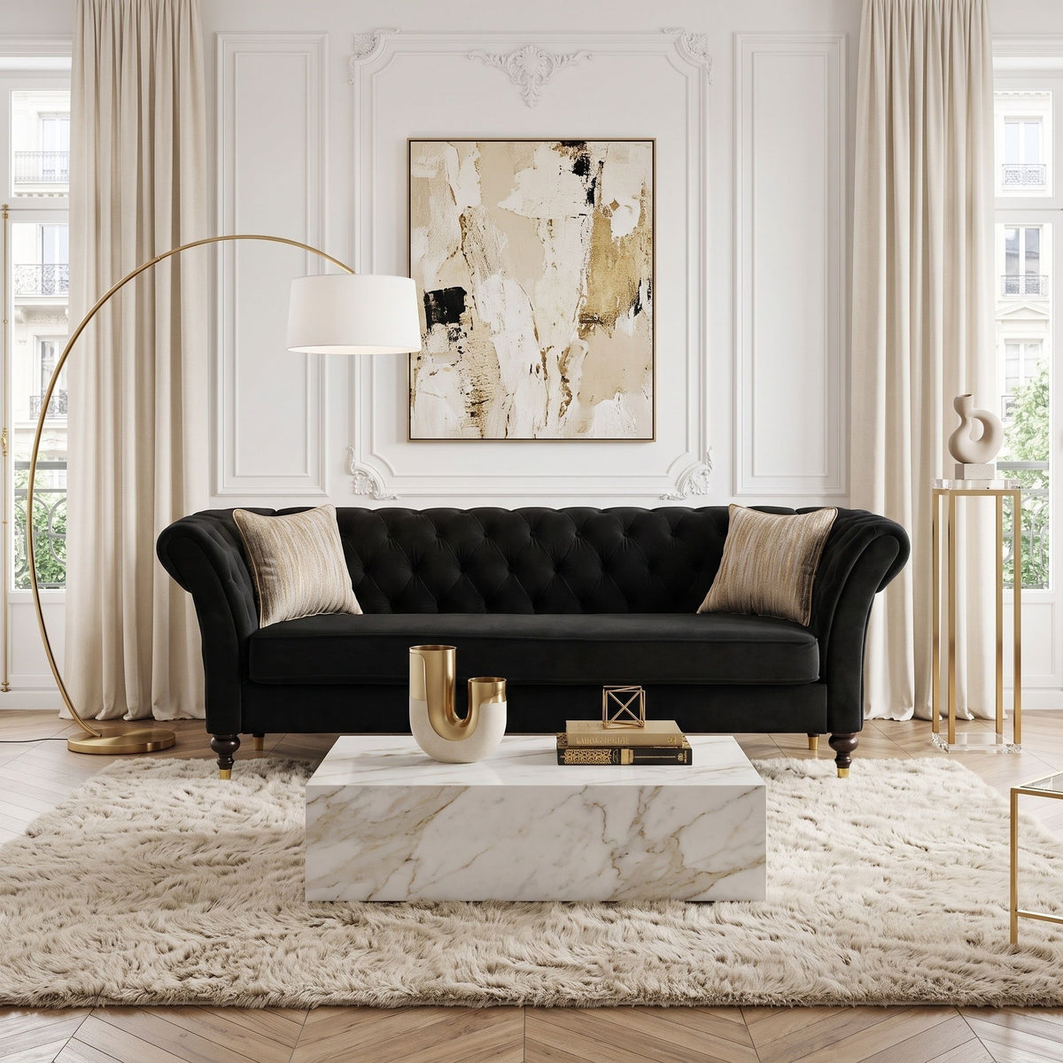3 Seater Button Tufted Sofa With Rolled Arms, Living Room Couch With 2 Pillows - Black