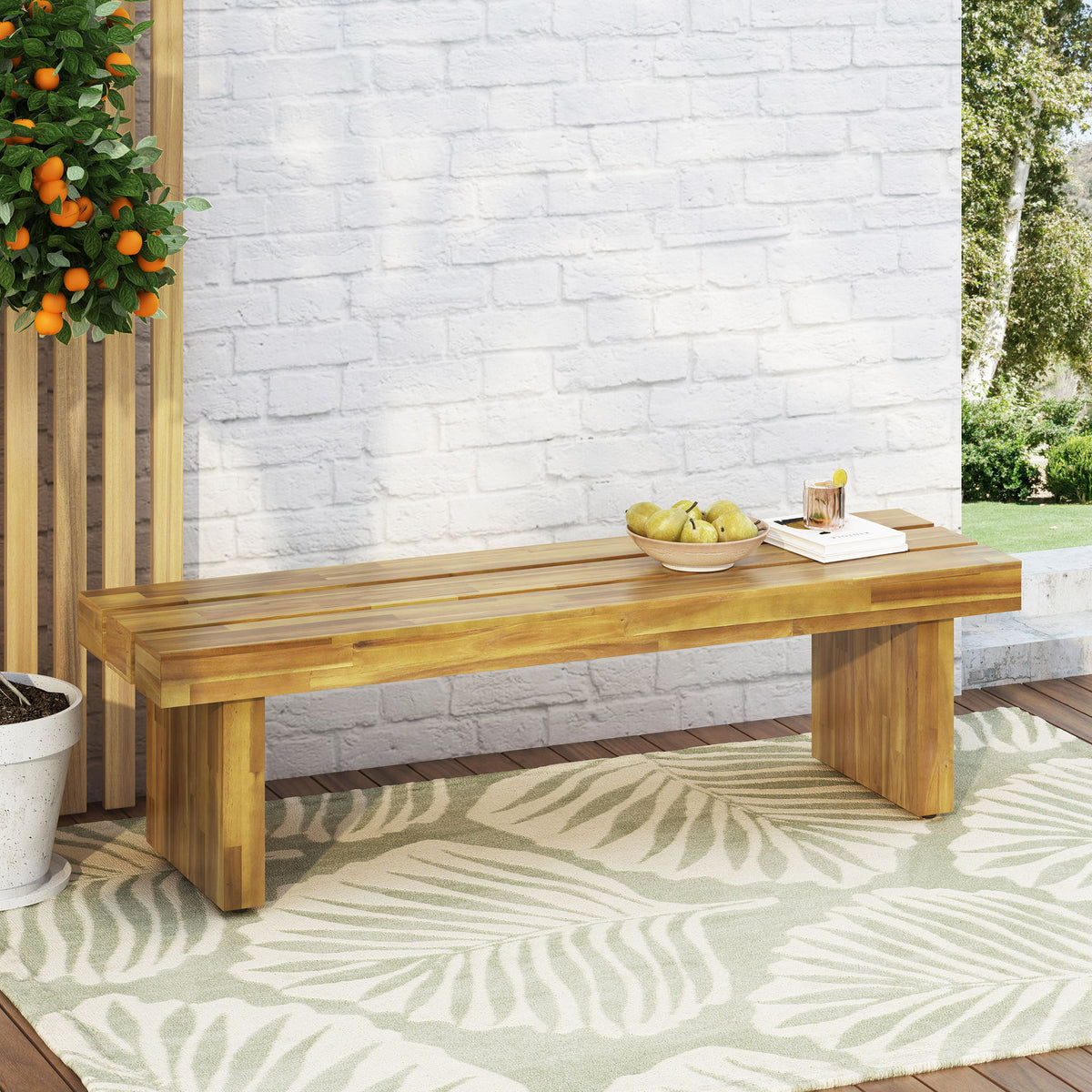 Nahanni - Rustic Acacia Wood Bench With Slat Design - Natural
