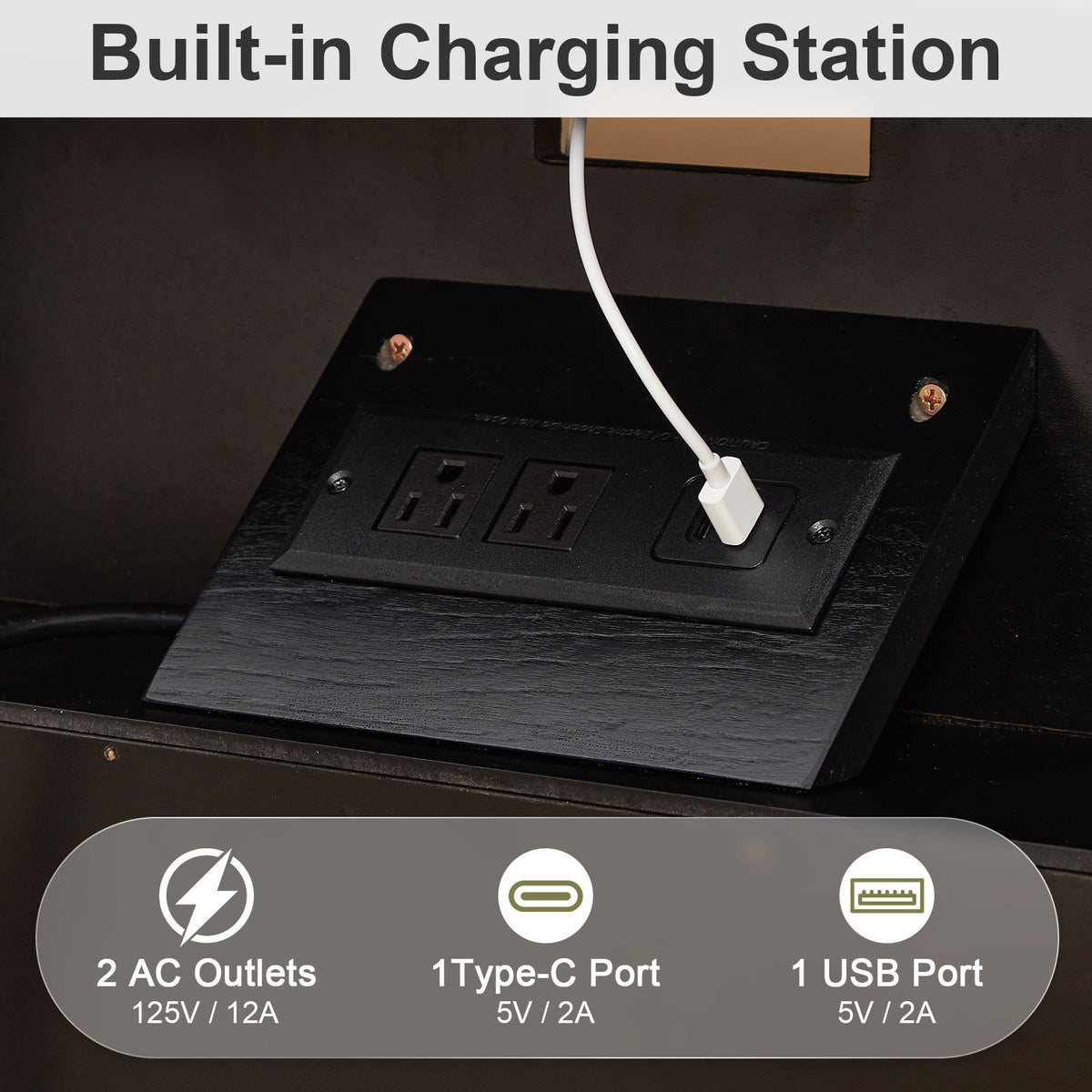 Nightstand With Charging Station, 2 Drawer Bedside Table - Black