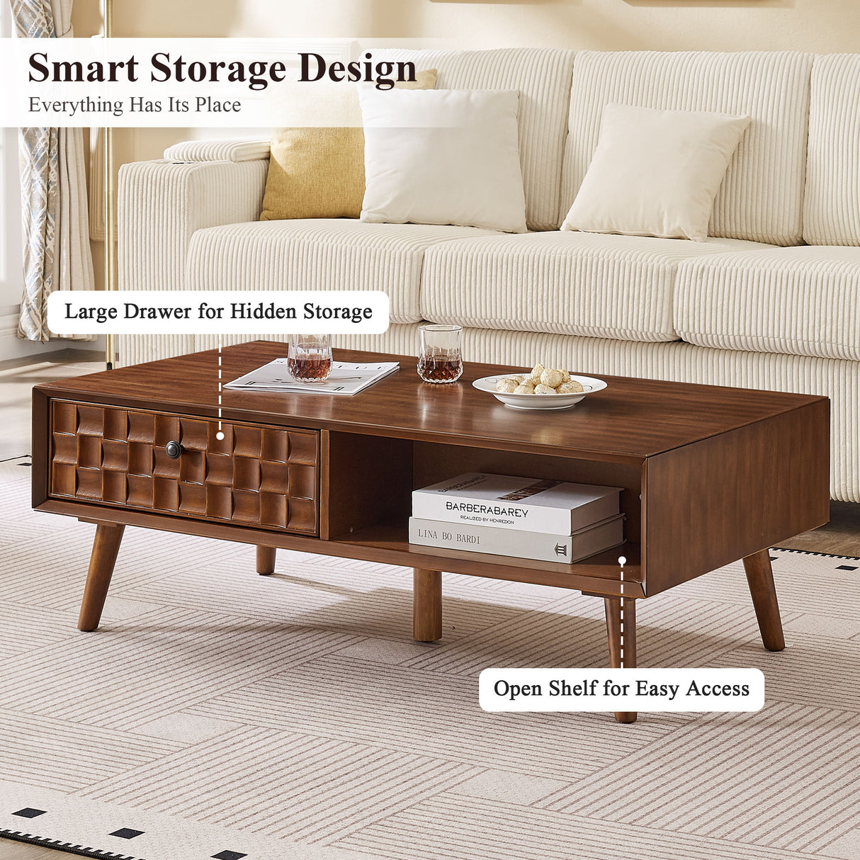 Coffee Table With Hidden Drawer And Open Shelf