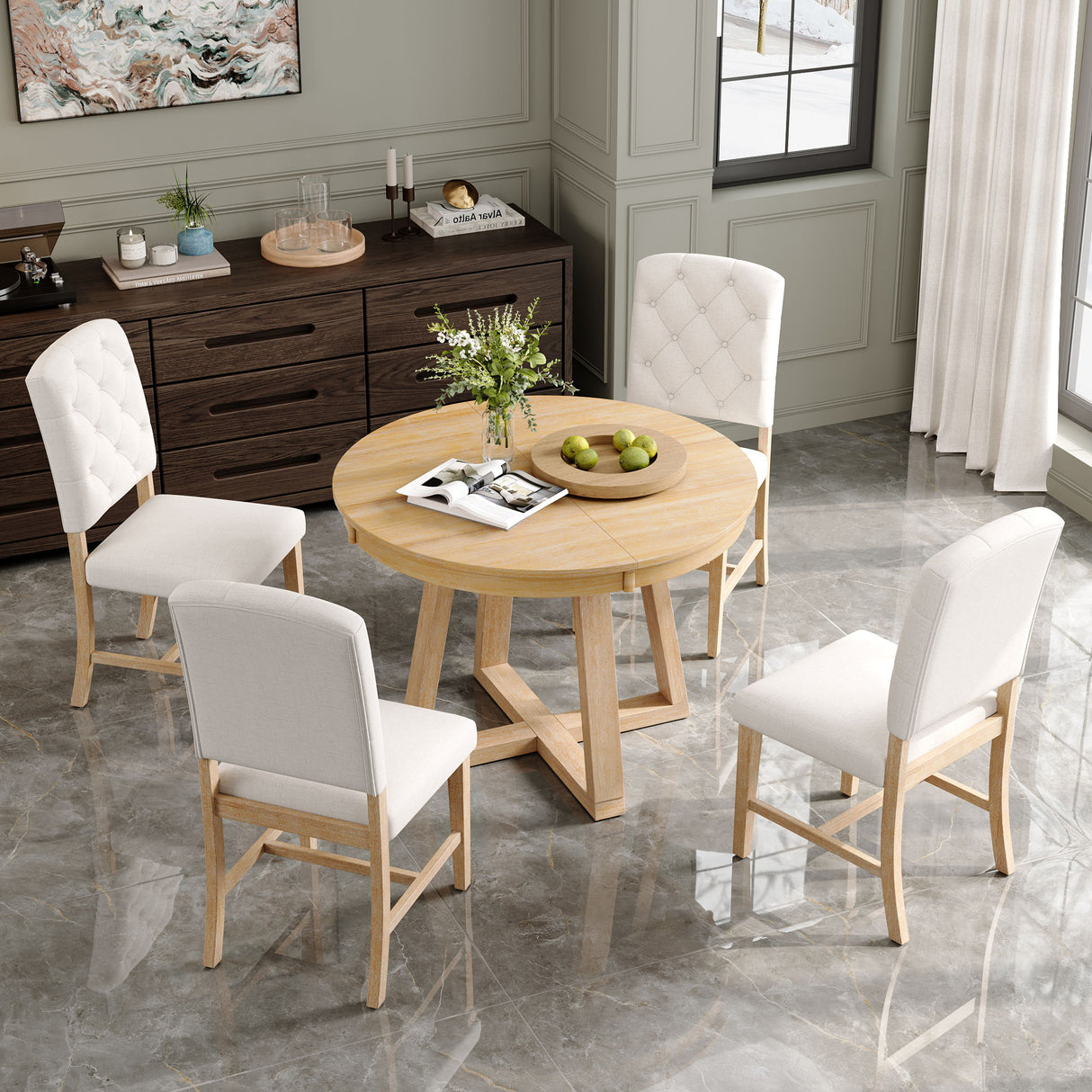 Dining Set With Leaf Round Table And 4 Upholstered Chairs
