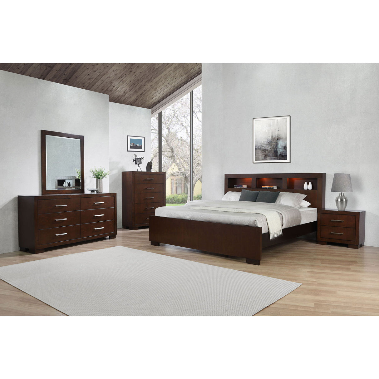 Copper - Eastern King LED Storage Bookcase Bed With Built In Shelves - Cappuccino