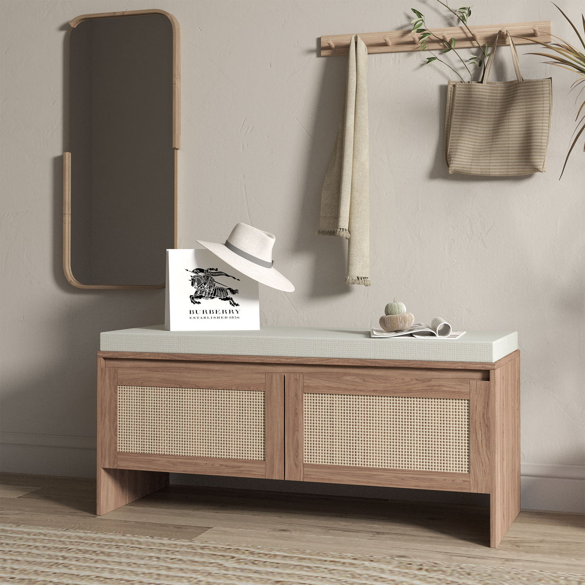 Storage Bench With Cushion, Shoe Cabinet With 2 Doors - Antique Natural / Rattan