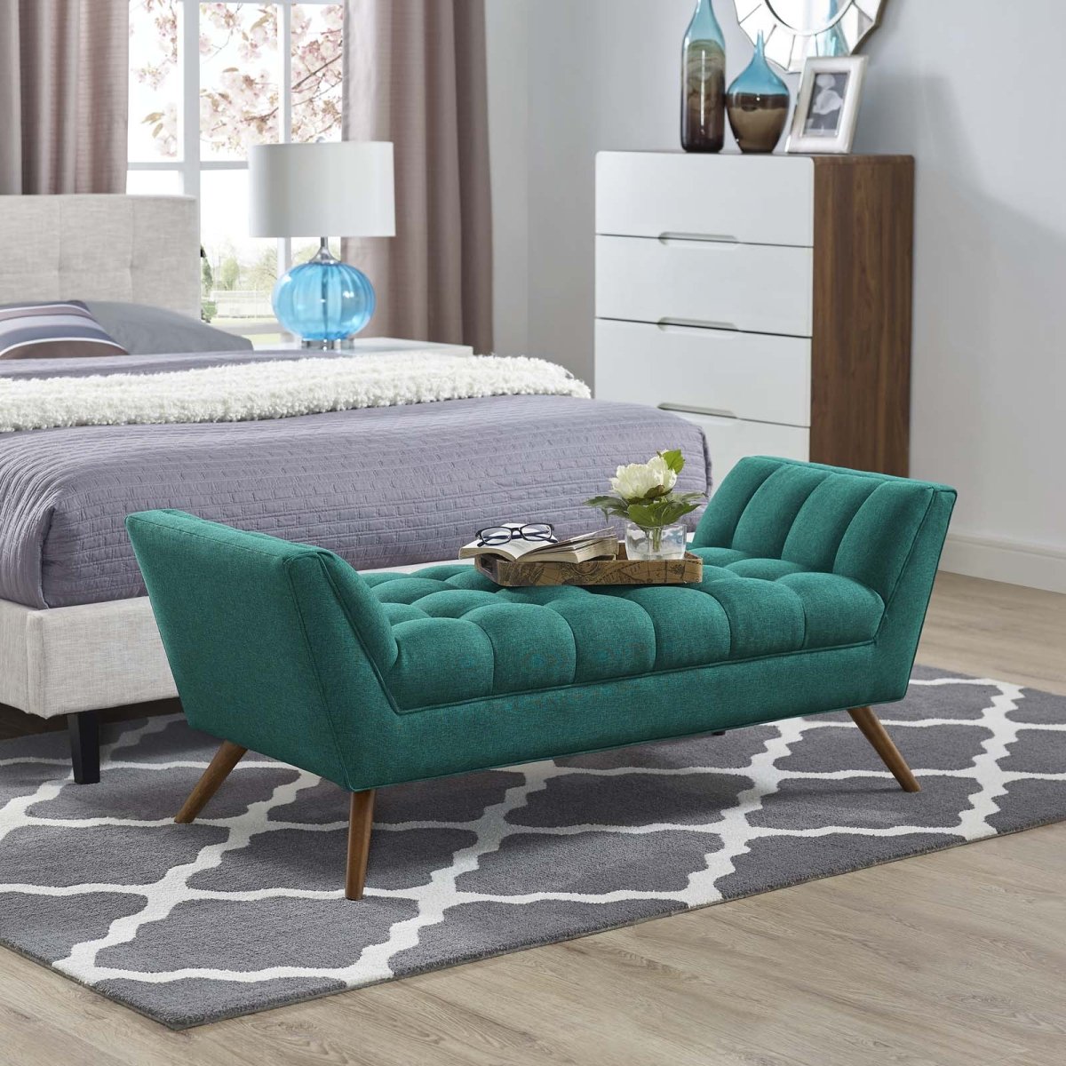 53 Inch Tufted Fabric Accent Bench with Sloping Arms and Tapered Wood Legs - Benches available at Alpine Outlets in Denver
