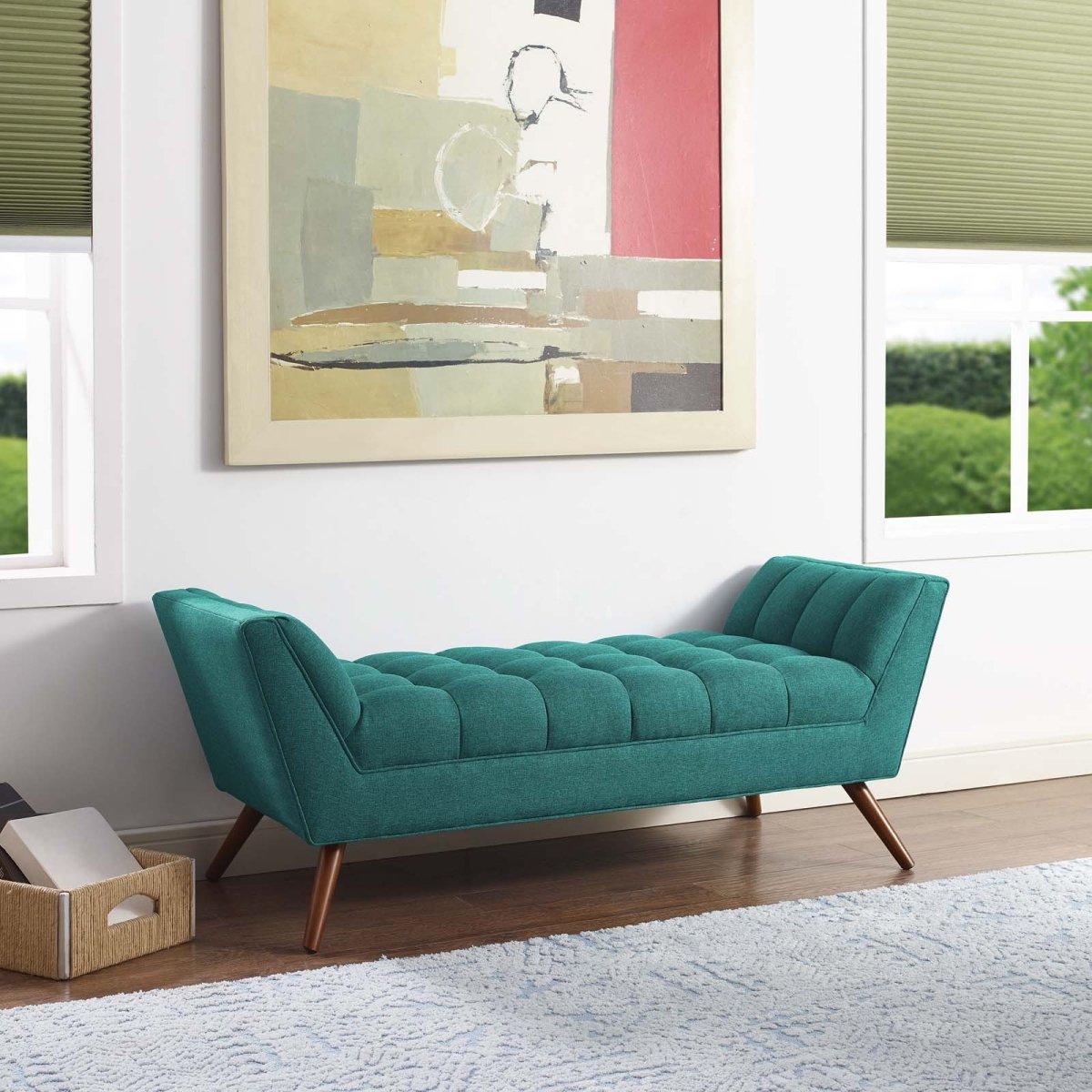 53 Inch Tufted Fabric Accent Bench with Sloping Arms and Tapered Wood Legs - Benches available at Alpine Outlets in Denver